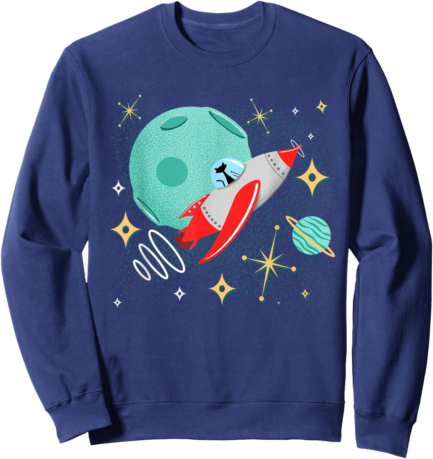Atomic Rocket Cat Funny Mid-Century Cat Futuristic Spaceship Sweatshirt - Sweatshirt | Navy