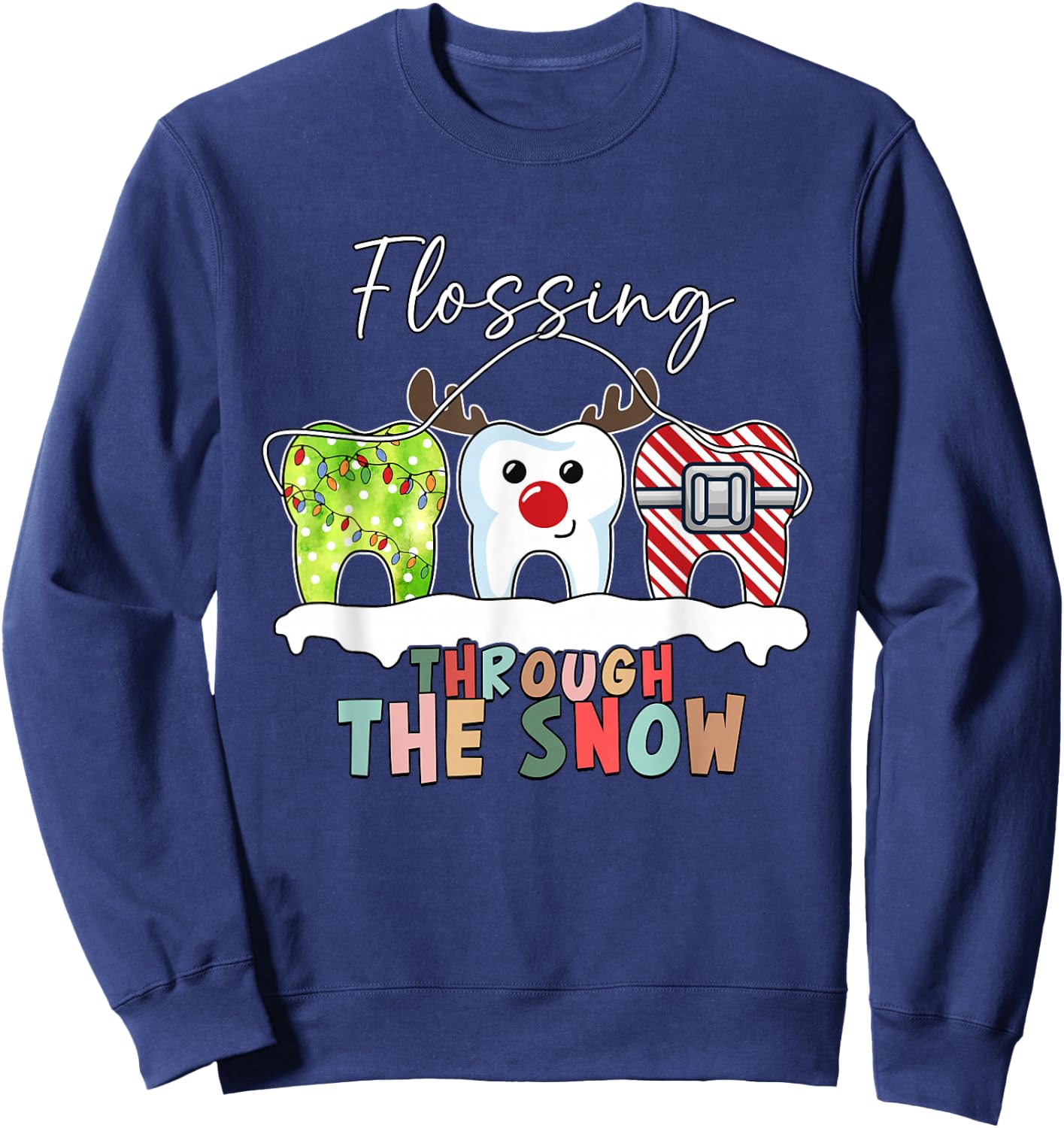 Flossing Through The Snow Dental Hygienist Christmas Dentist Sweatshirt - Sweatshirt | Navy