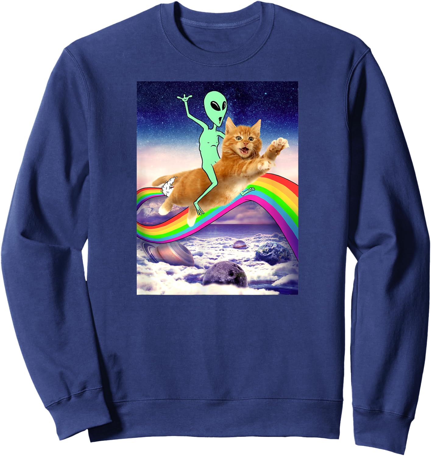 Alien Riding Cat Over Rainbow Men Women Kids Sweatshirt - Sweatshirt | Navy