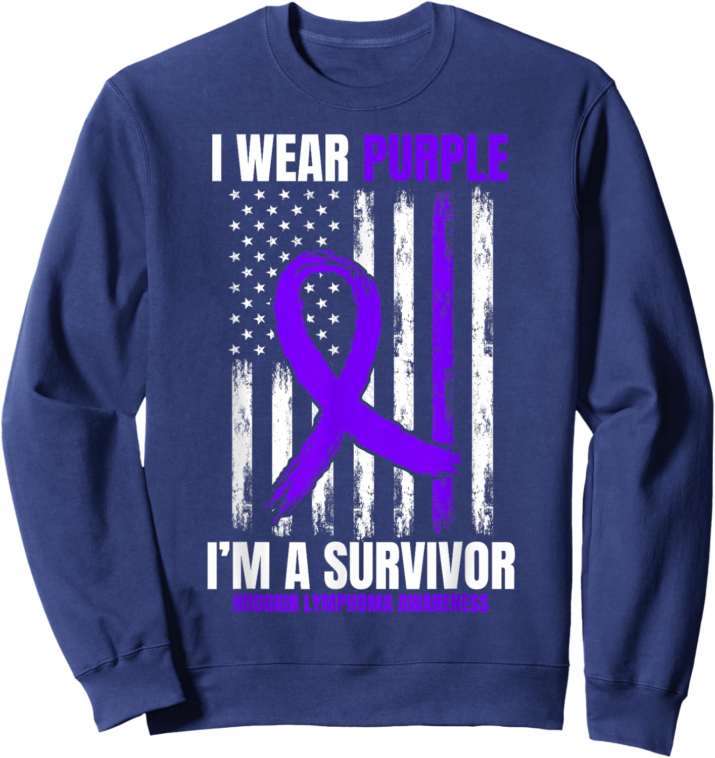 I Wear Purple Hodgkins Lymphoma Survivor Gifts American Flag Kids Men Sweatshirt - Sweatshirt | Navy