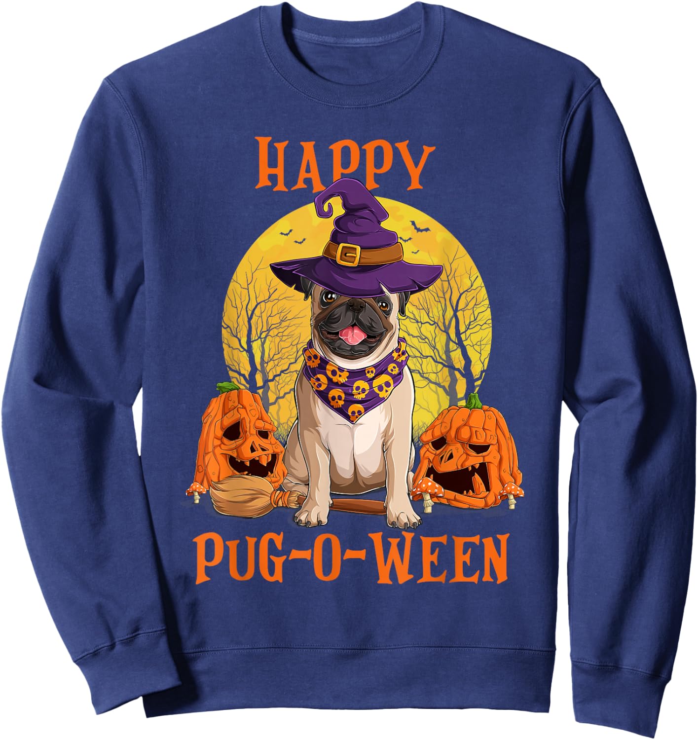 Funny Halloween Costumes for Pugs Lovers - Pumpkin Witch Pug Sweatshirt - Sweatshirt | Navy