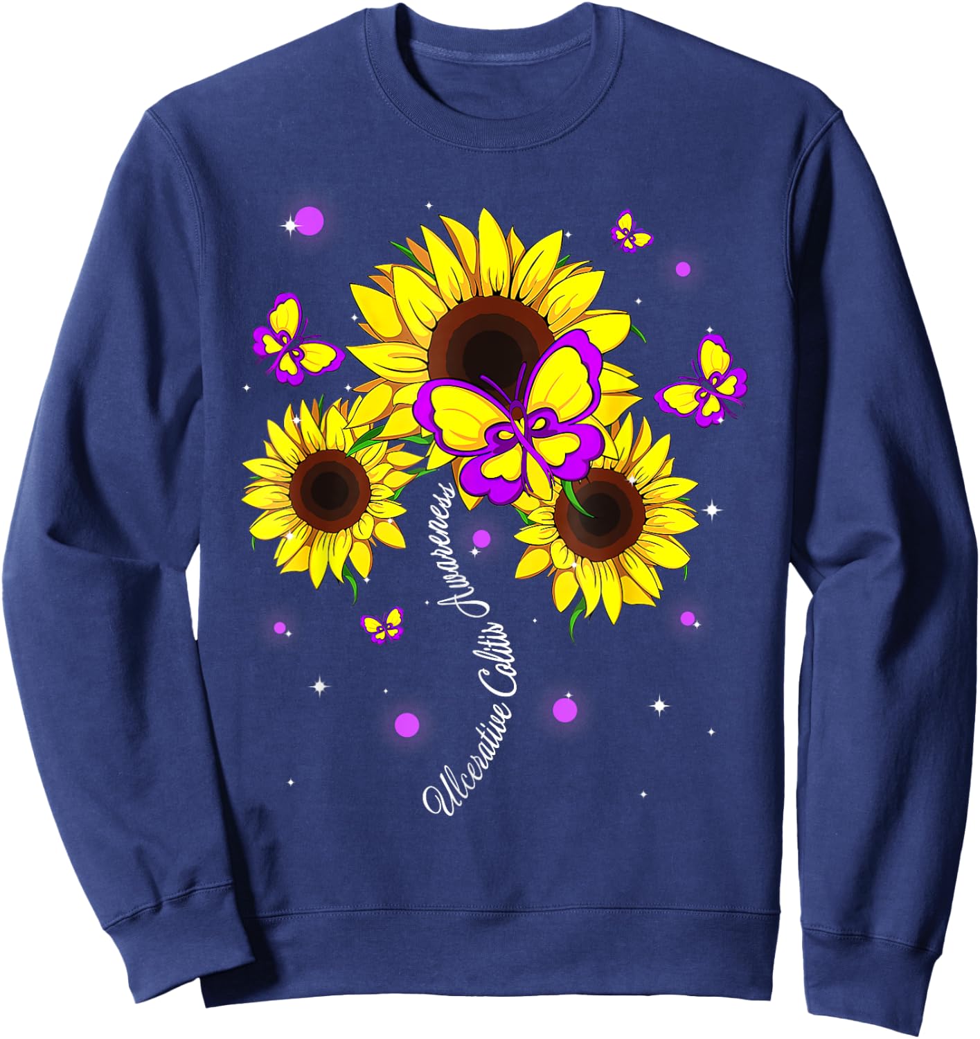 Ulcerative Colitis Awareness Sunflower Butterfly Ribbon Sweatshirt - Sweatshirt | Navy