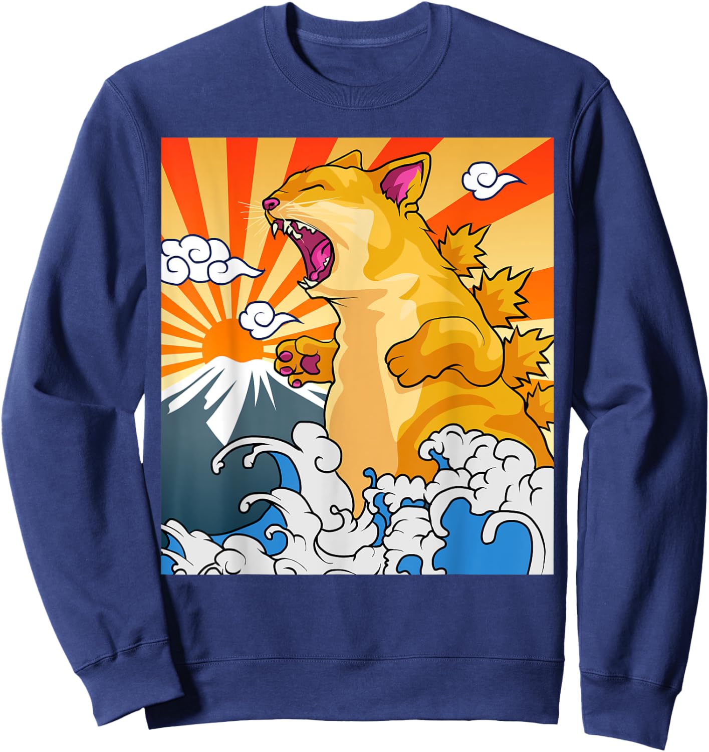 Catzilla Vintage Kawaii Cute Cat Art Japanese Sunset Sweatshirt - Sweatshirt | Navy