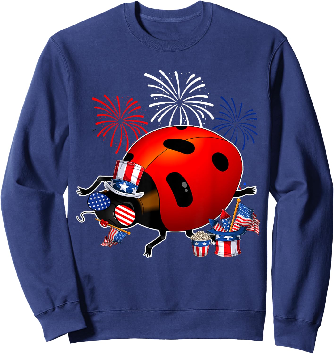 Ladybug Holding American Flag Sunglasses Happy 4th Of July Sweatshirt - Sweatshirt | Navy