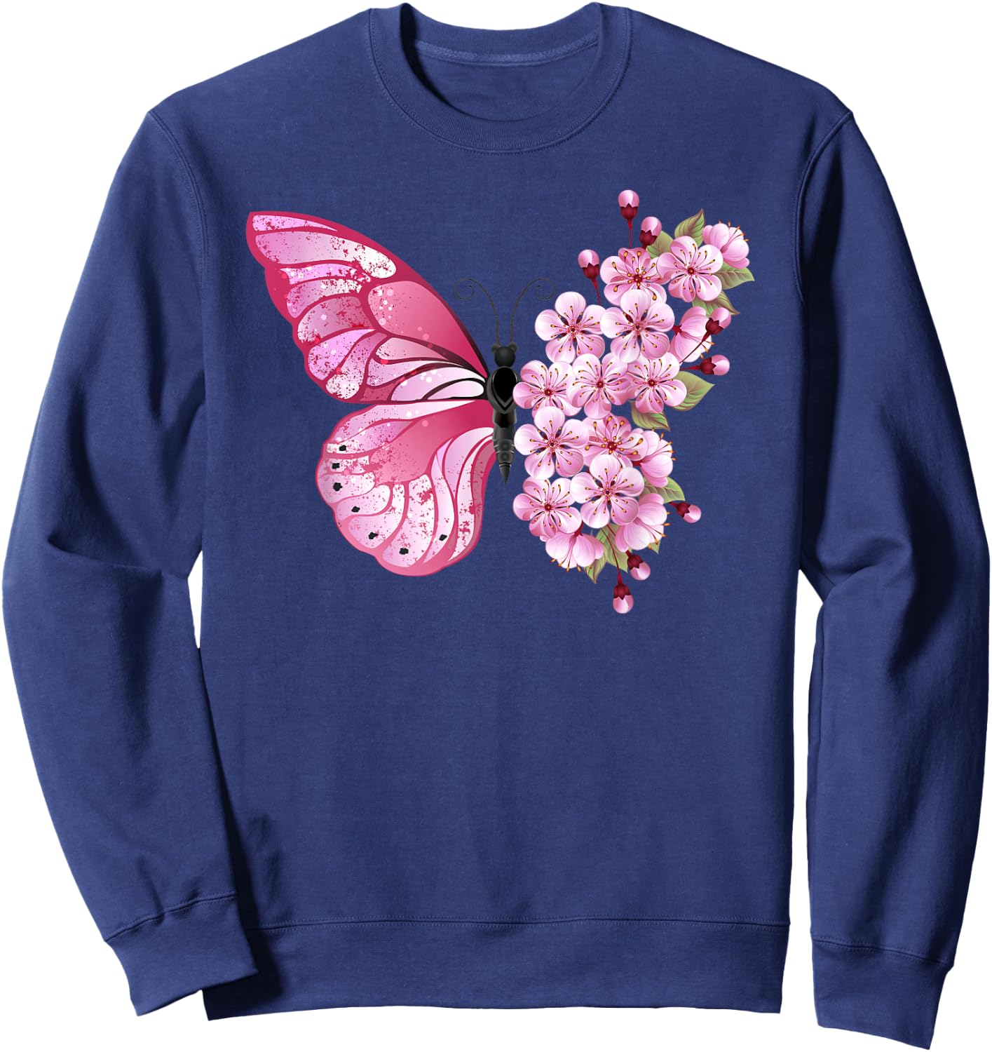Beautiful Butterfly Flower Mix - Pink Japanese Cherry Sweatshirt - Sweatshirt | Navy