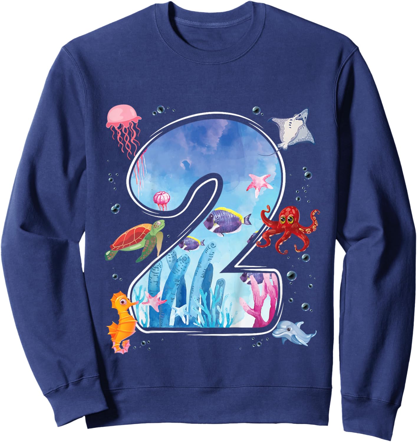 Kids 2nd Birthday Party Ocean 2 Year Old Sea Fish Aquarium Boy Sweatshirt - Sweatshirt | Navy