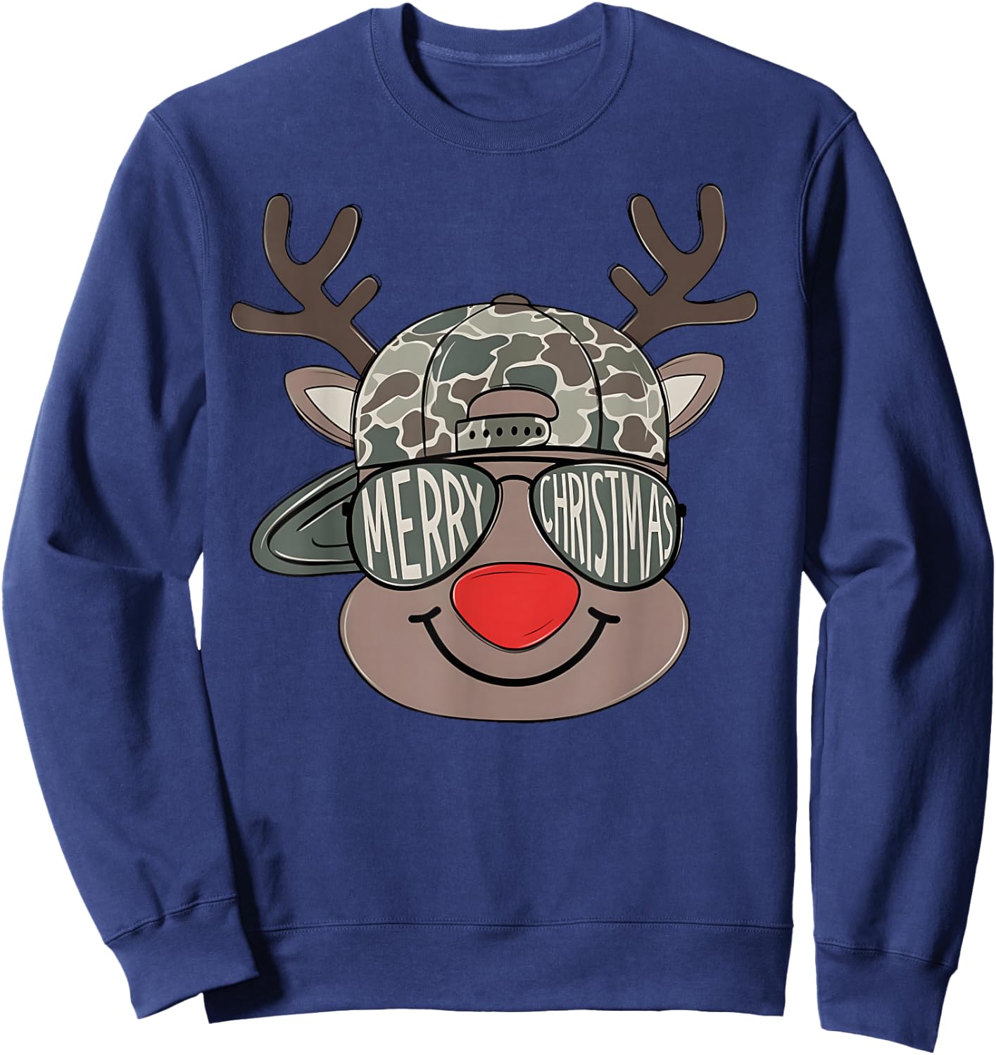 Boy Reindeer Hat Camo Hat Merry Christmas Xmas Boys Kids Sweatshirt - Sweatshirt | Navy