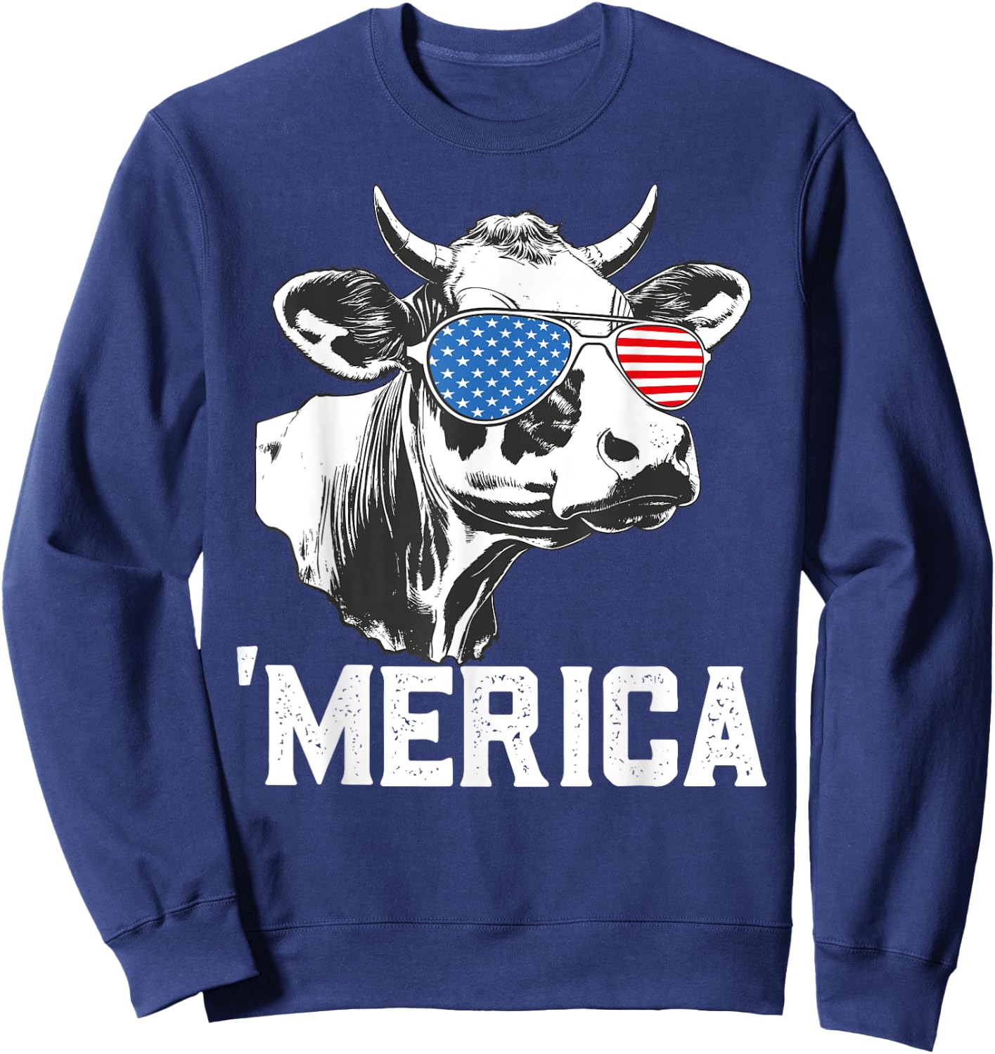 Merica Funny Cow American Flag Sunglasses Patriotic July 4th Sweatshirt - Sweatshirt | Navy