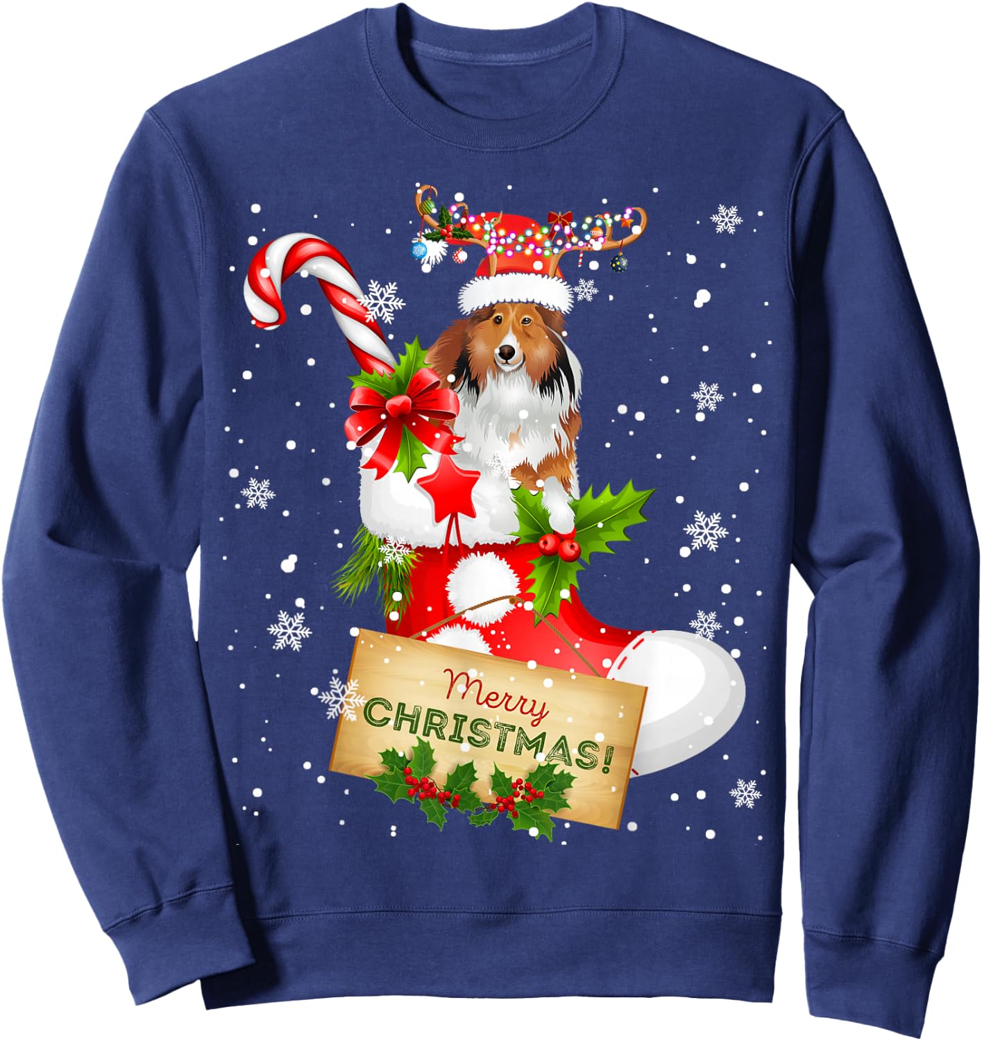 Merry Christmas Xmas Lights Santa Reindeer Sheltie In Sock Sweatshirt - Sweatshirt | Navy