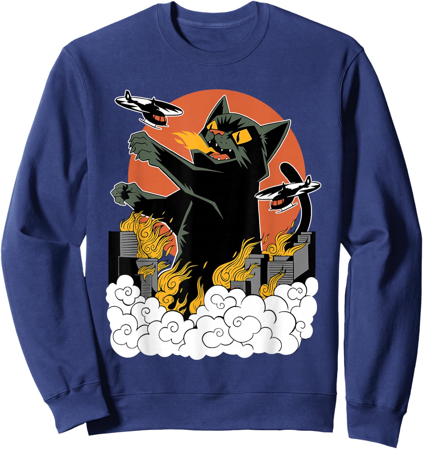 Black Japanese Catzilla Sunset - Classic Fit, , Cotton & Polyester Blend Sweatshirt - Sweatshirt | Navy