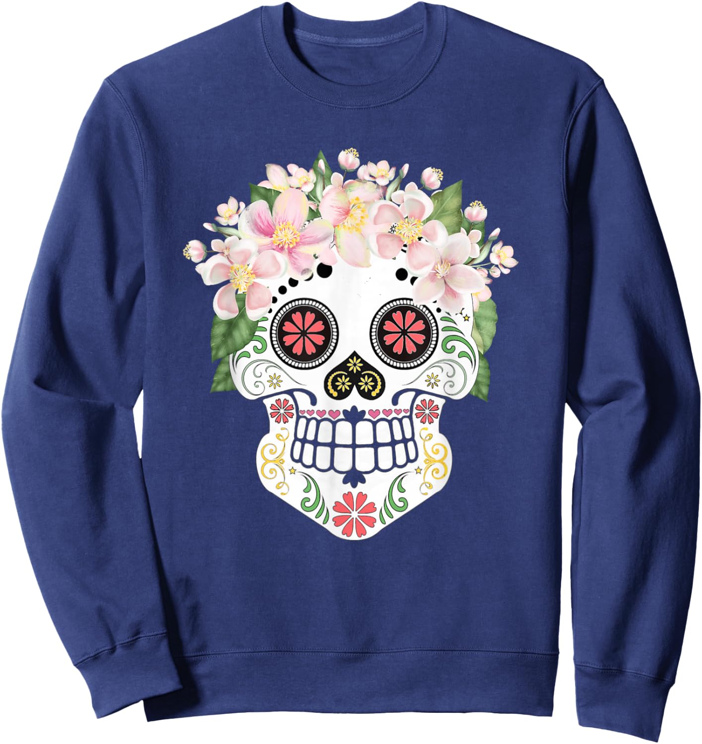Beautiful Sugar Skull with Apple Blossom Flowers Day of Dead Sweatshirt - Sweatshirt | Navy