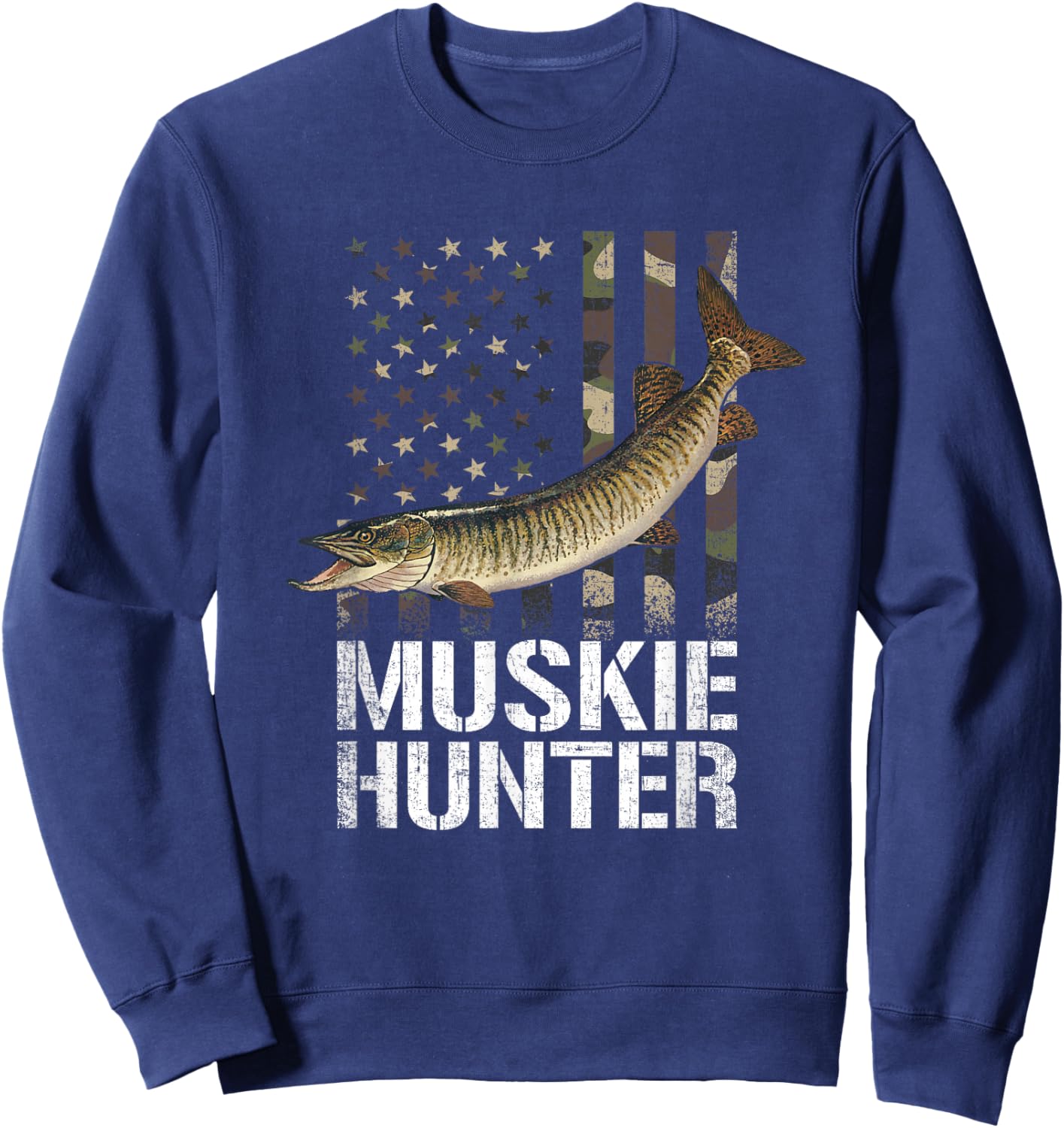 Muskie hunter, American Flag Camouflage, fishing muskie Sweatshirt - Sweatshirt | Navy