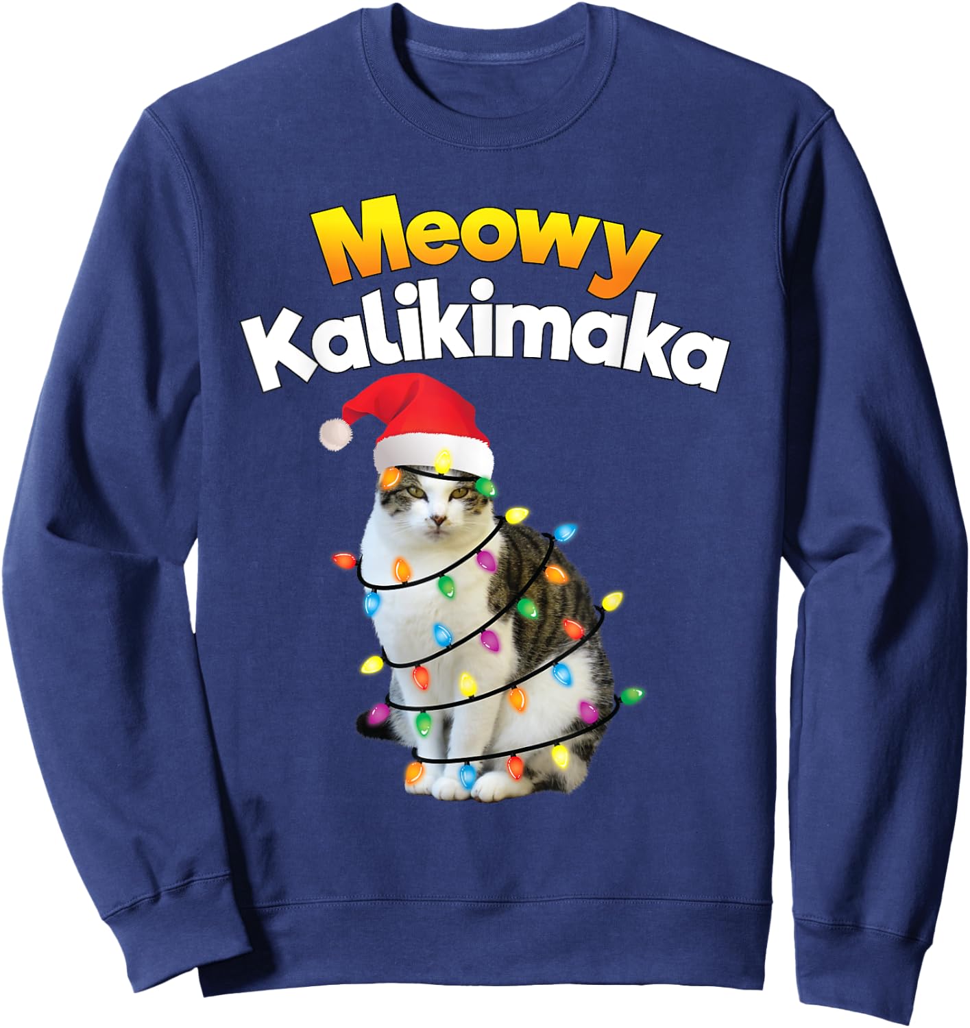 Mele Kalikimaka Shirt Hawaiian Merry Christmas Cat Lights Women Kids Sweatshirt - Sweatshirt | Navy