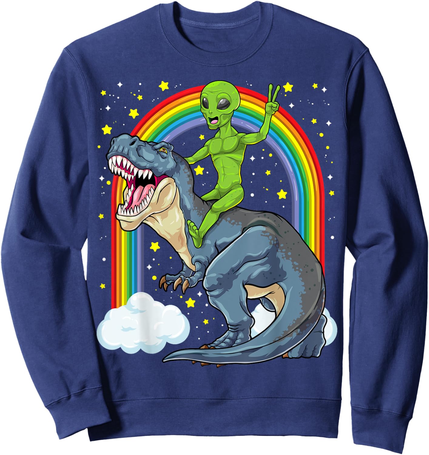 Alien Riding Dinosaur T Rex UFO Space Extraterrestrial Kids Sweatshirt - Sweatshirt | Navy
