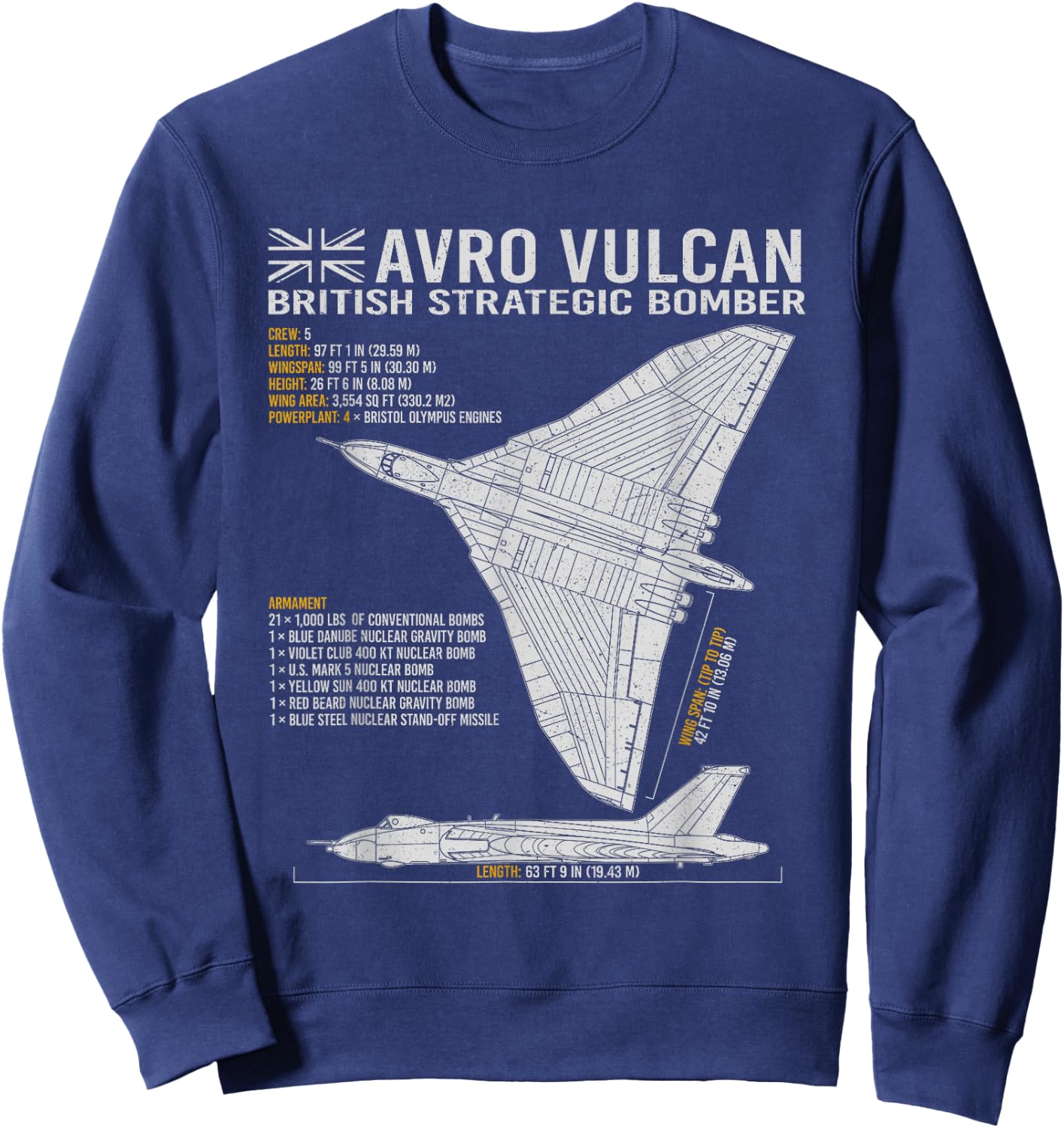 Vulcan Bomber RAF Airplane Aircraft War Tarpaulin Blueprint Sweatshirt - Sweatshirt | Navy