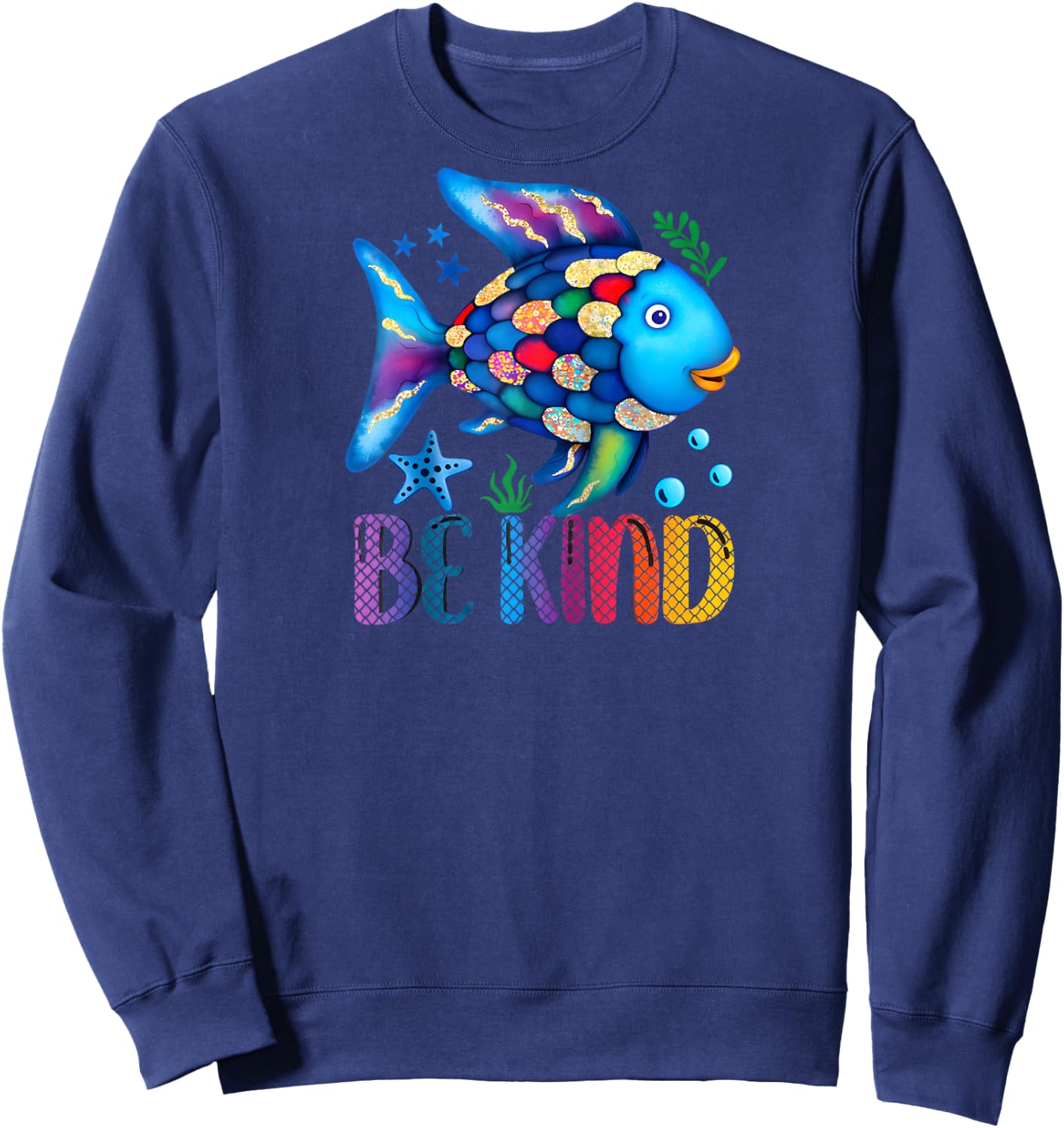 Kids Be Kind Rainbow Scale Fish Teacher Reading Book Toddler Raglan Baseball Sweatshirt - Sweatshirt | Navy