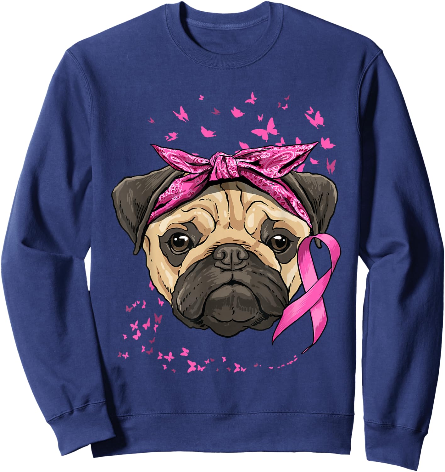 Breast Cancer Awareness Pug Dog Pink Ribbon Cancer Survivor Sweatshirt - Sweatshirt | Navy