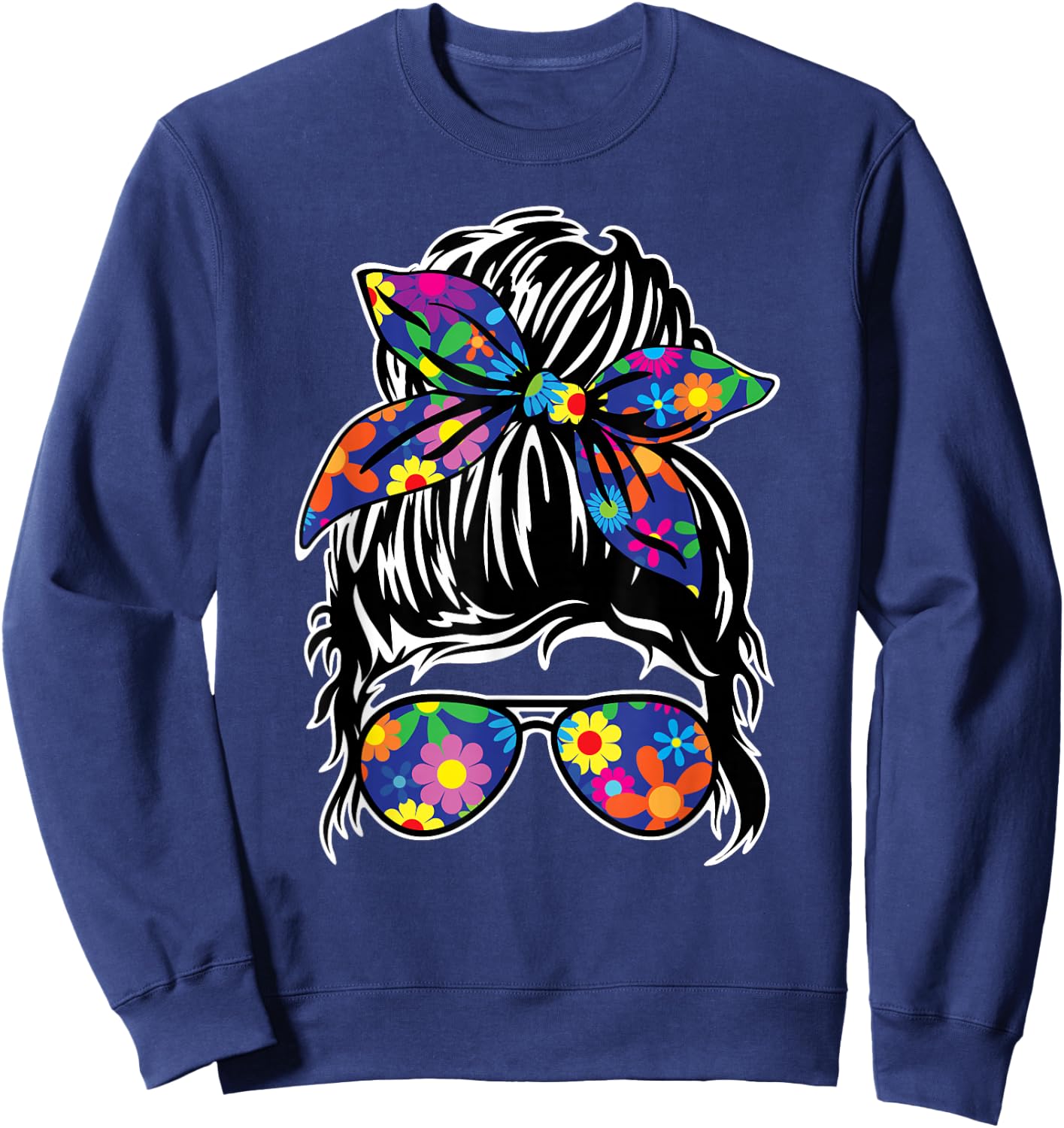 Messy Hair Bun with Bandana Ribbon and Sunglasses Design Sweatshirt - Sweatshirt | Navy