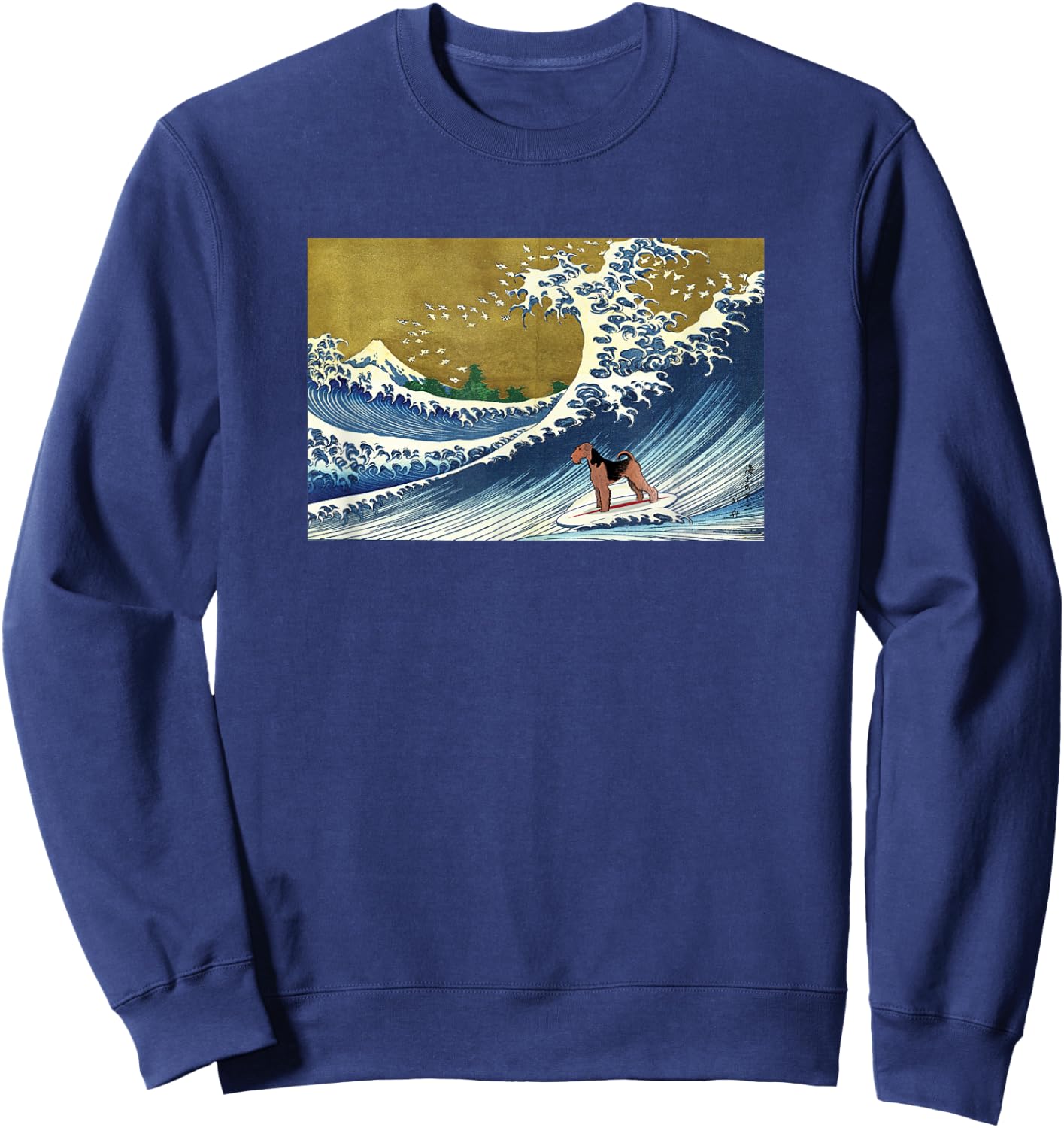 Funny Retro Vintage Surfing a Wave Airedale Terrier Lover Sweatshirt - Sweatshirt | Navy