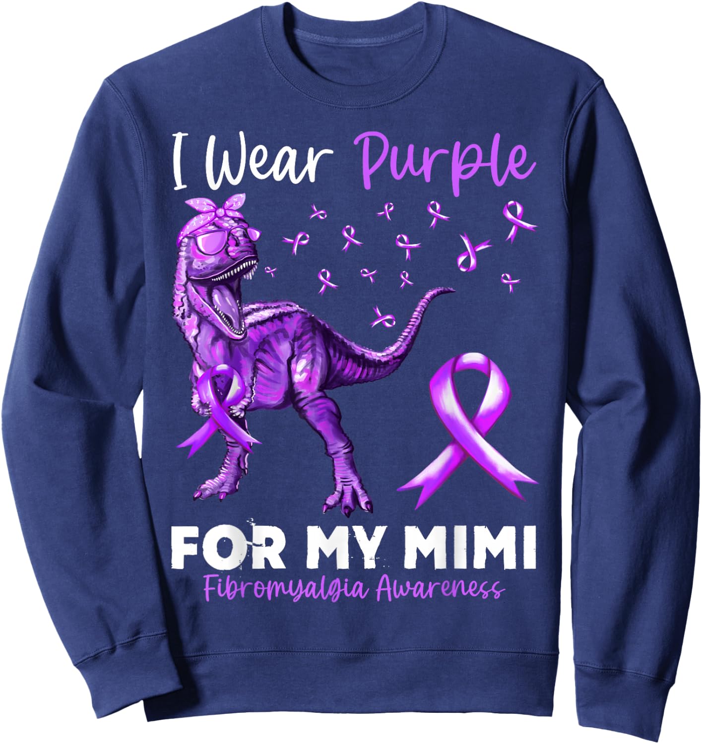 I Wear Purple For My Mimi Fibromyalgia Awareness Dinosaur Sweatshirt - Sweatshirt | Navy