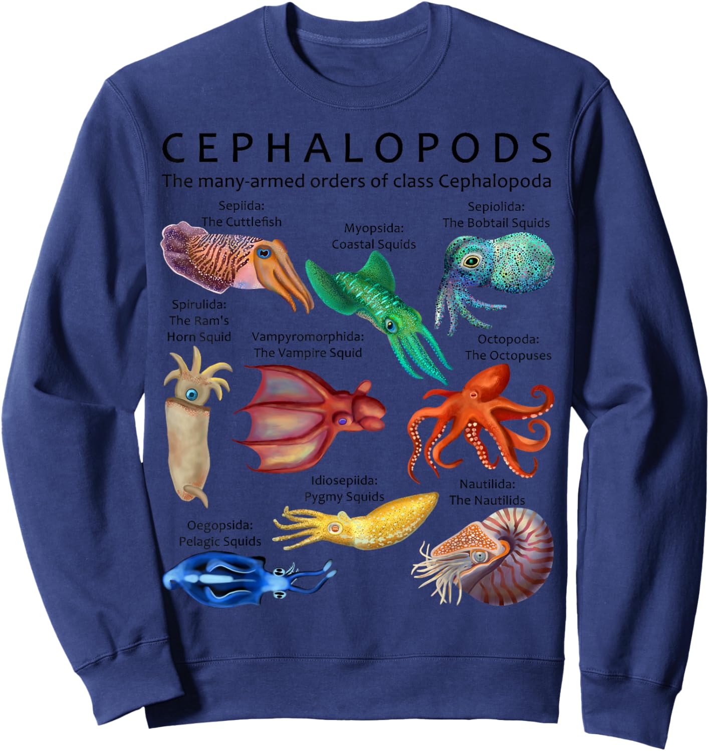The Cephalopod: Octopus, Squid, Cuttlefish, and Nautilus Sweatshirt - Sweatshirt | Navy