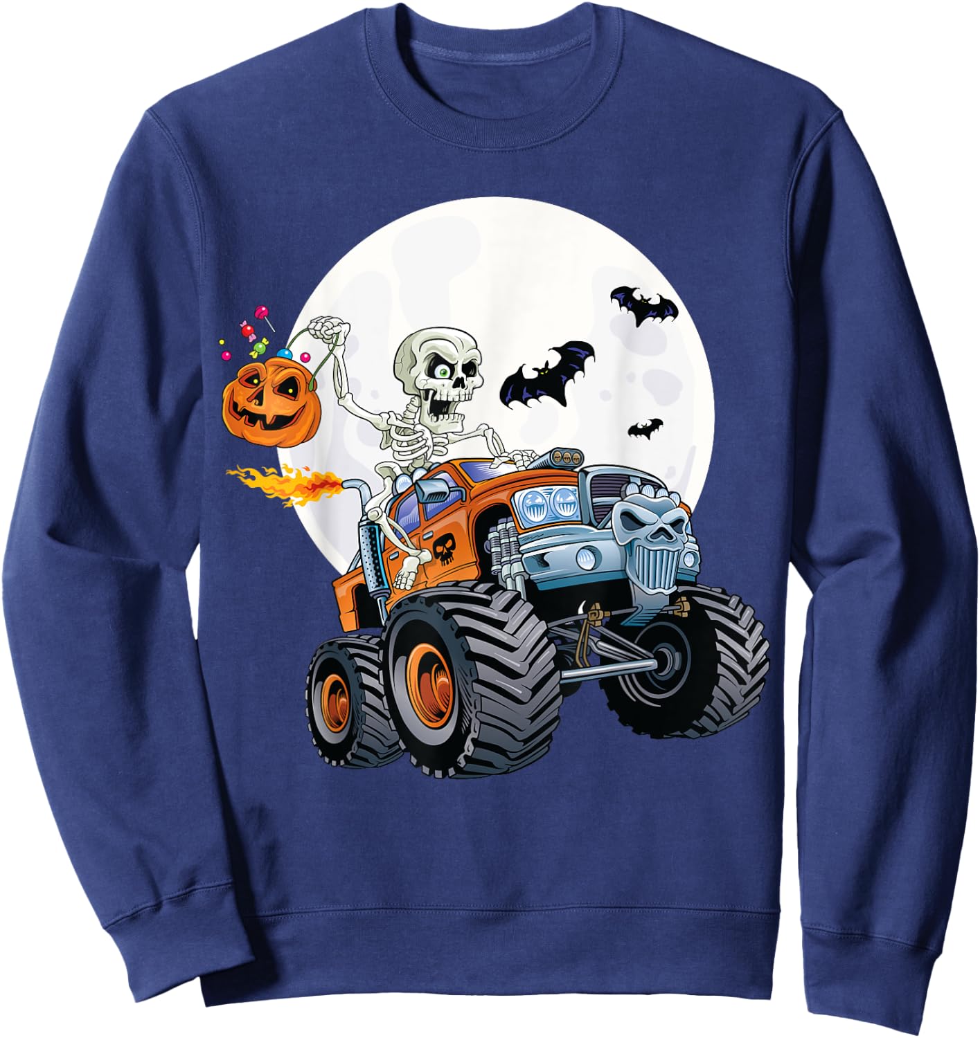 Skeleton Monster Truck Creepy Halloween Jack O Lantern Kids Sweatshirt - Sweatshirt | Navy
