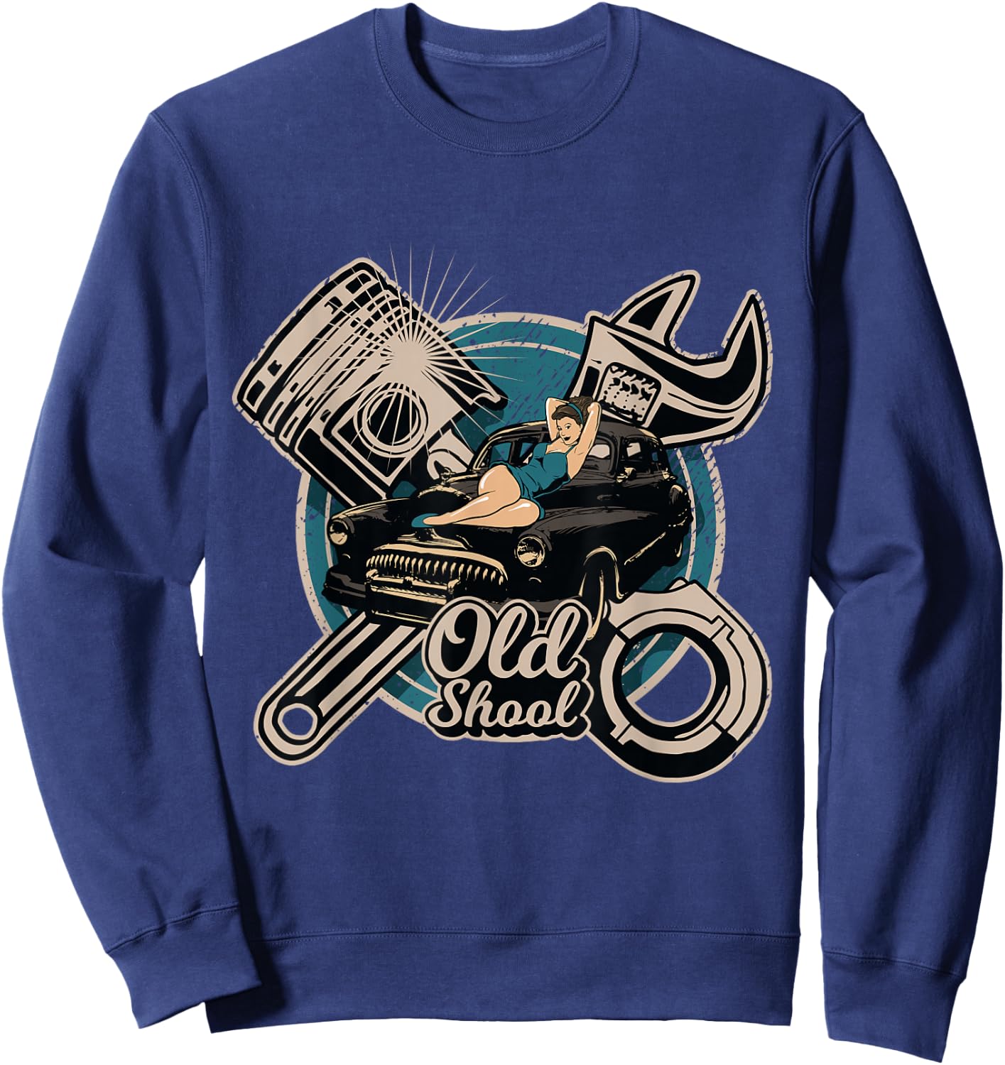 Rock n Roll Rockabilly Old School Car Auto Truck Mechanic Sweatshirt - Sweatshirt | Navy