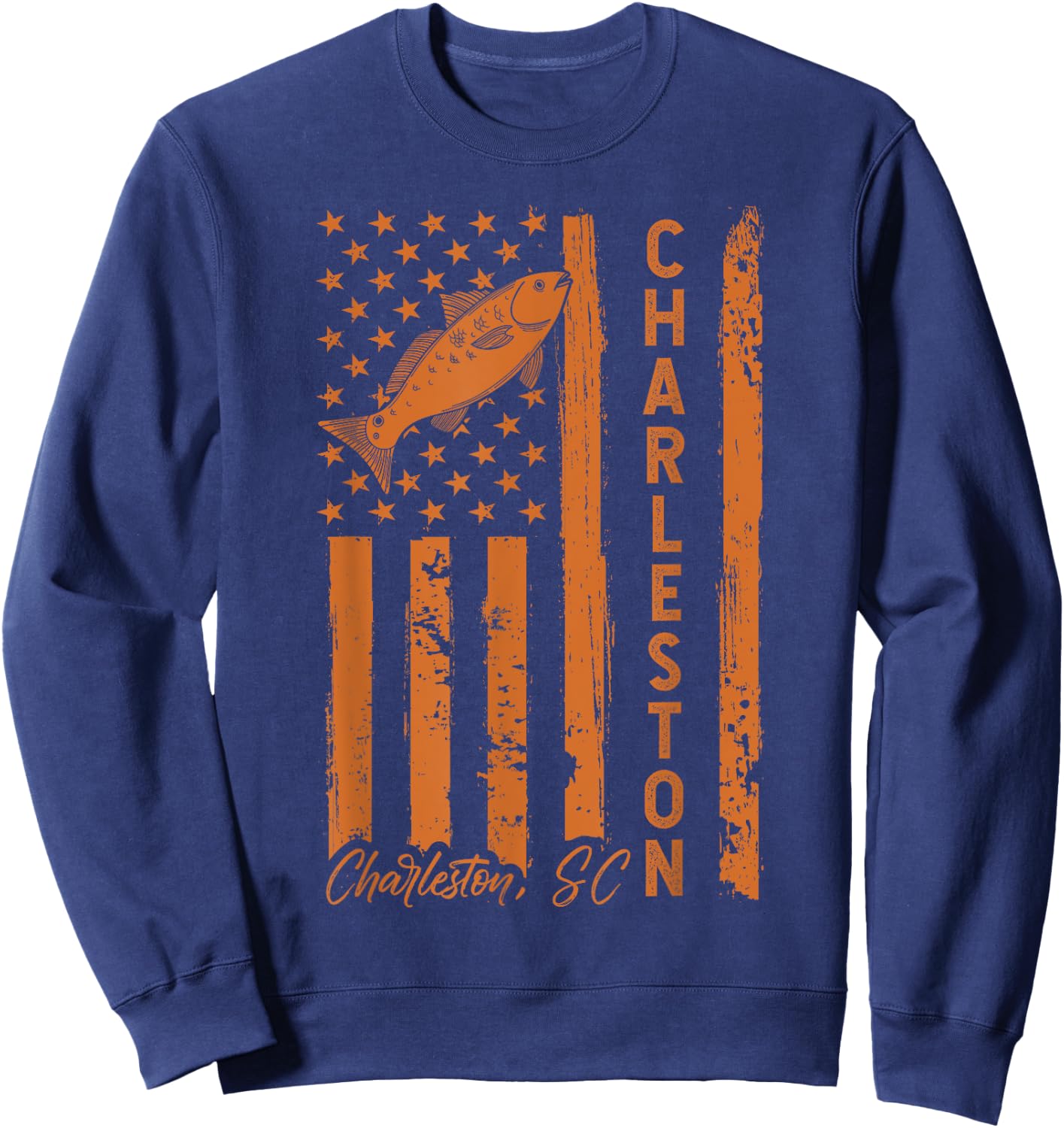 Charleston SC for Redfish Fishing Fishermen USA Flag Sweatshirt - Sweatshirt | Navy