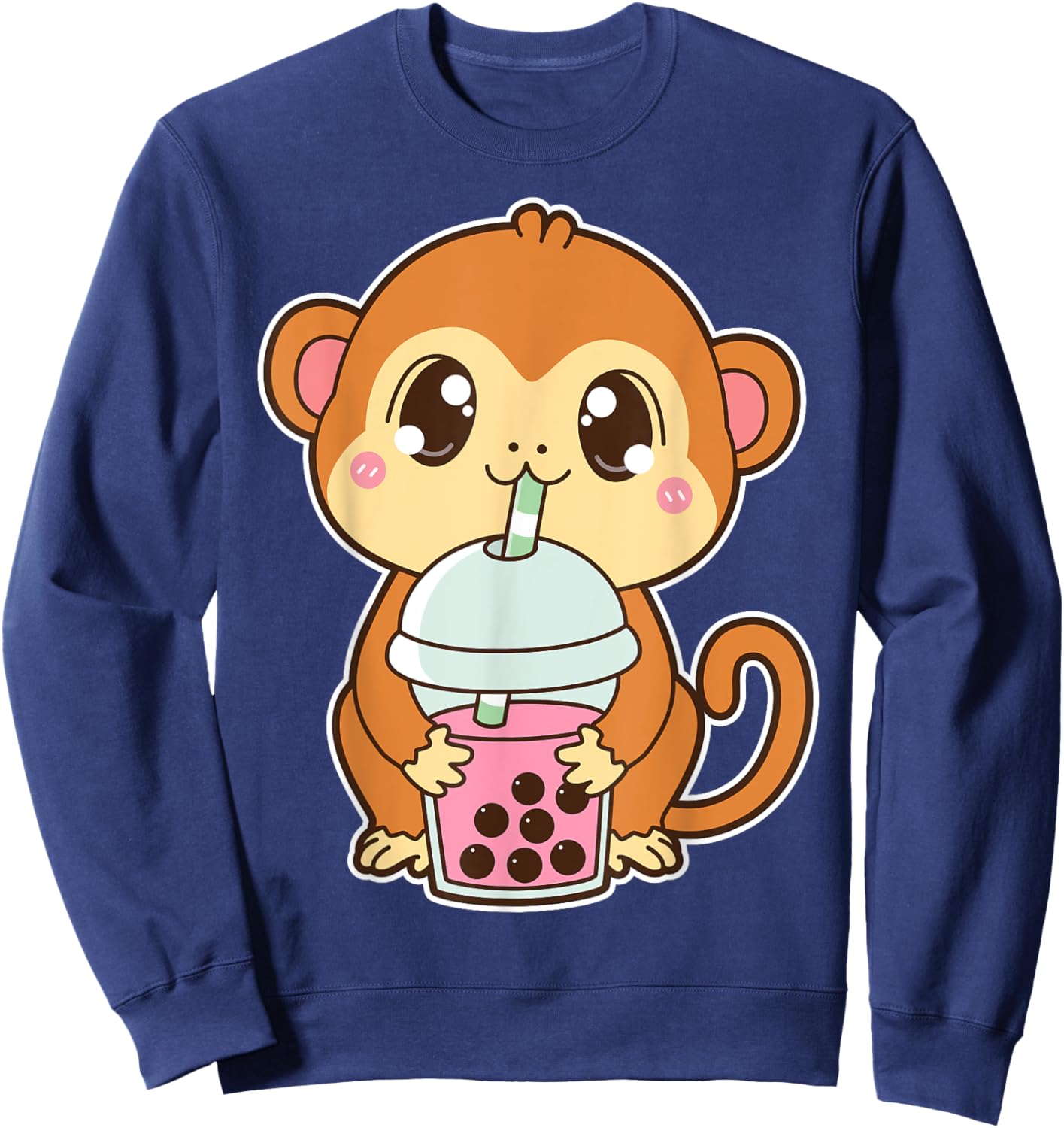 Kawaii Cute Zodiac Boba Monkey Strawberry Bubble Milk Tea Sweatshirt - Sweatshirt | Navy