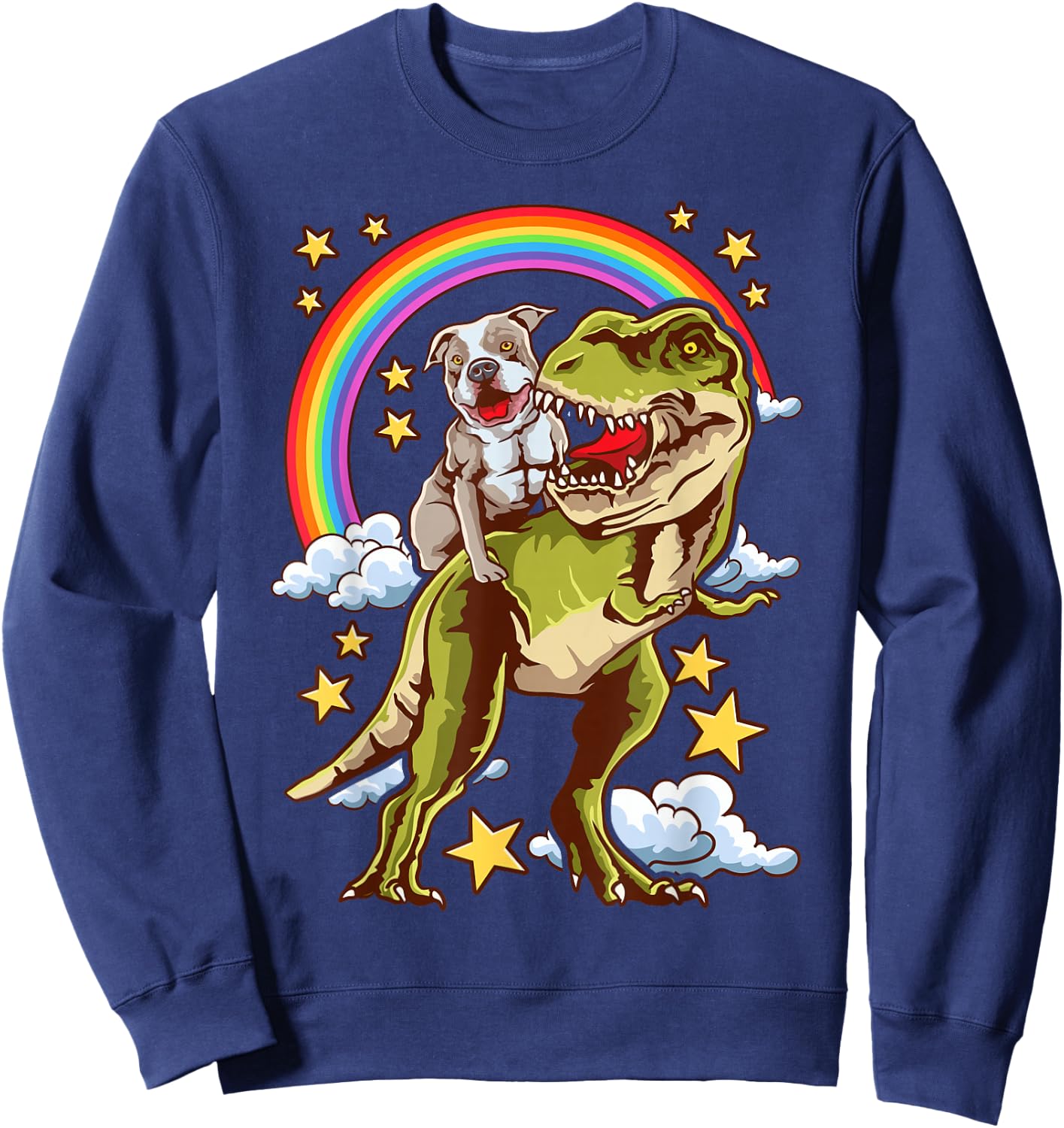 Funny Pitbull Riding A Dinosaur Rainbow Illustration Fun Sweatshirt - Sweatshirt | Navy