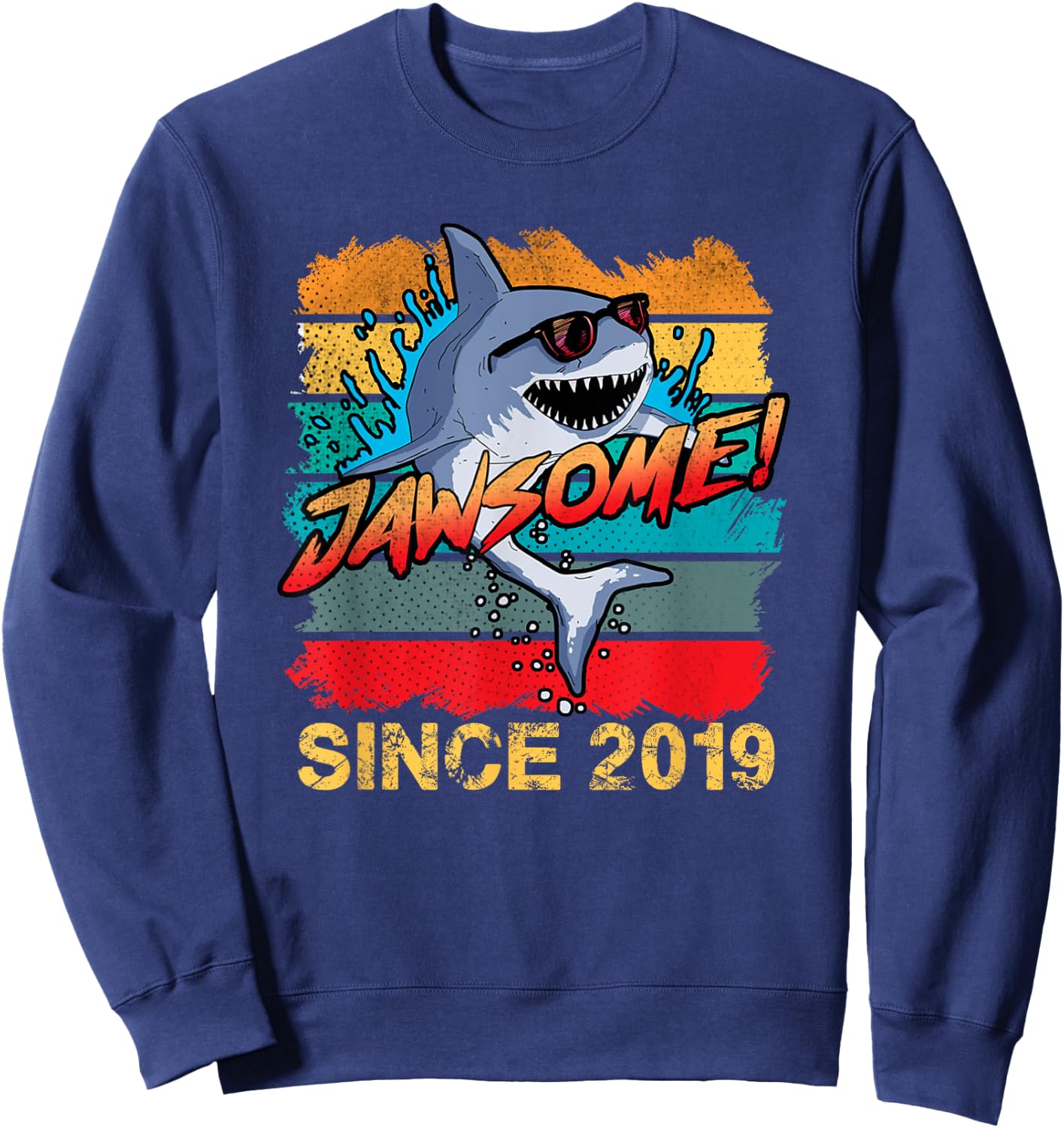 Kids Retro 3rd Birthday Shark 3 Year Old Jawsome Since 2019 Sweatshirt - Sweatshirt | Navy