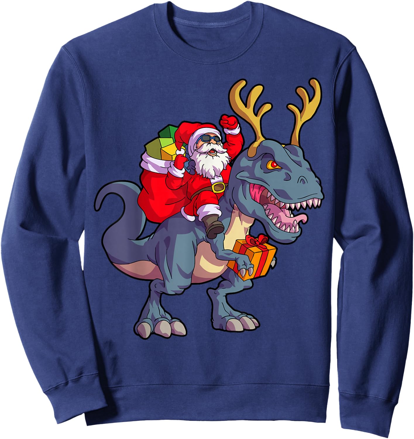 Christmas Santa Riding Dinosaur Deer Xmas Kids Boys Men Short Sleeve Sweatshirt - Sweatshirt | Navy
