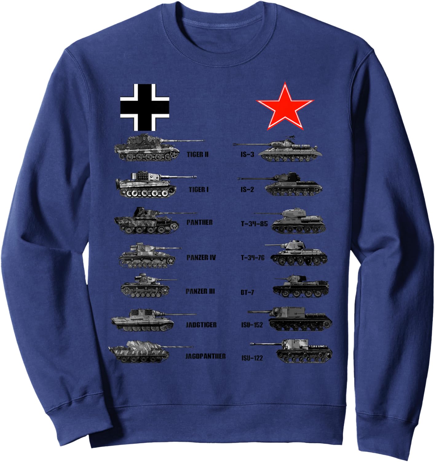 WW2 Tanks German Soviet Tiger I Tiger II IS-3 T-34 Sweatshirt - Sweatshirt | Navy