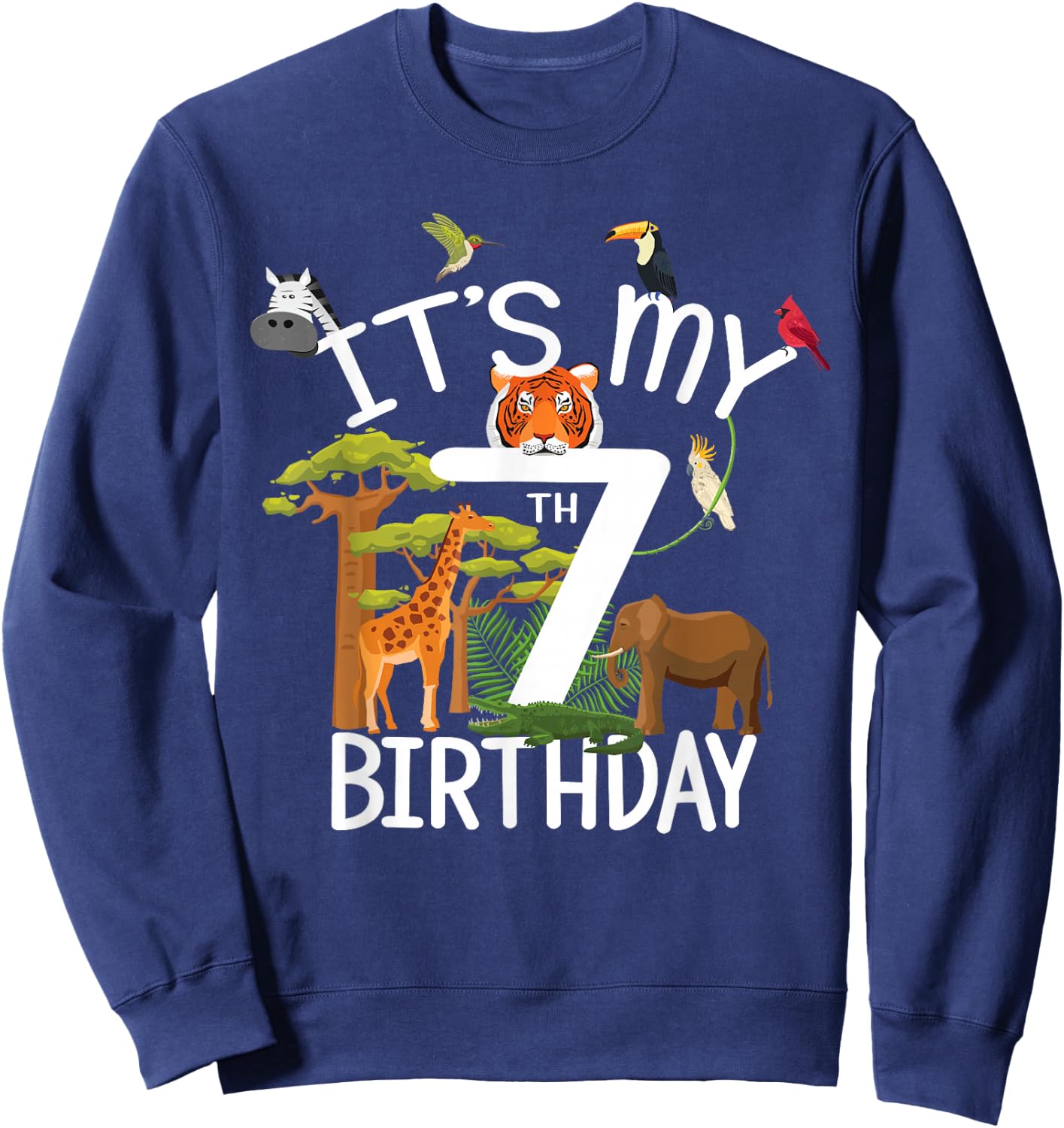 It's My 7th Birthday Boy Zoo Theme 7 Years Old Animal Party Sweatshirt - Sweatshirt | Navy