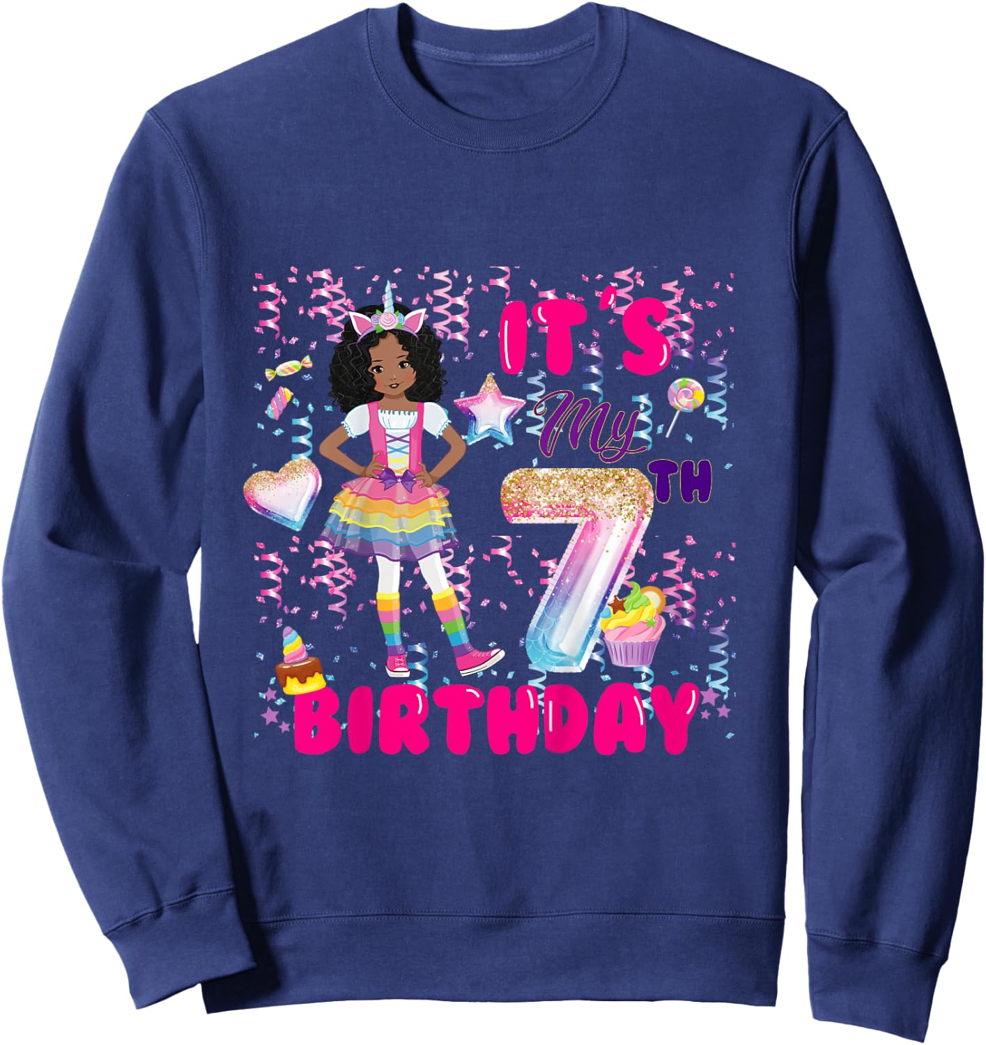 7th Birthday shirt Girls 7 yr African American 7th B-day Sweatshirt - Sweatshirt | Navy