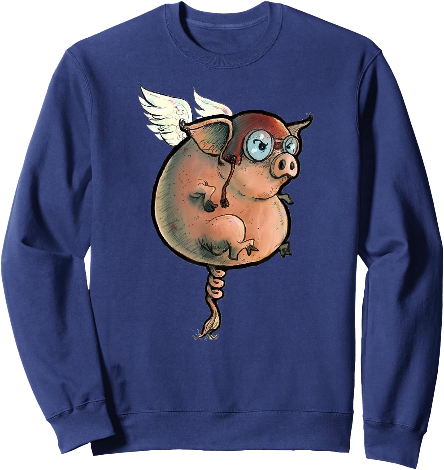 Flying Pig. Quirky, hand-drawn and painted art. Sweatshirt - Sweatshirt | Navy