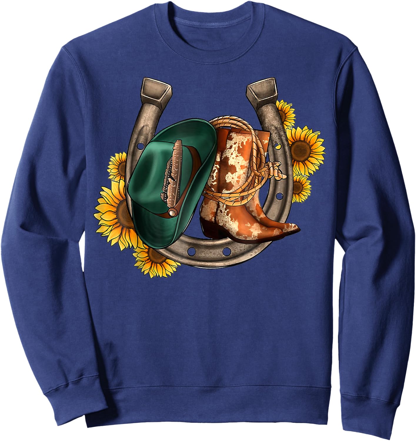 Cowboy Boots Cowboy Hat Horseshoes Sunflower Western Cowhide Sweatshirt - Sweatshirt | Navy