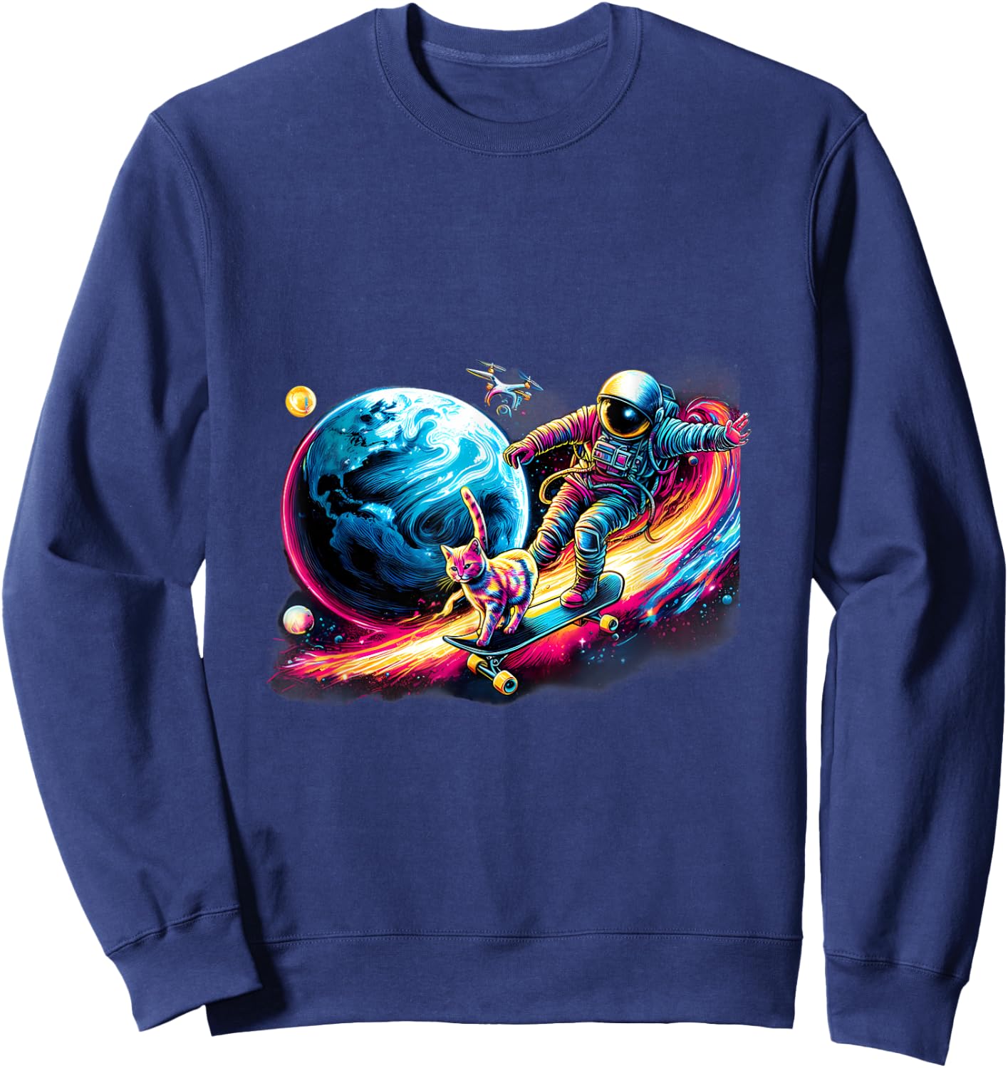 Cat And Astronaut Skateboarding The Outer Space Sweatshirt - Sweatshirt | Navy