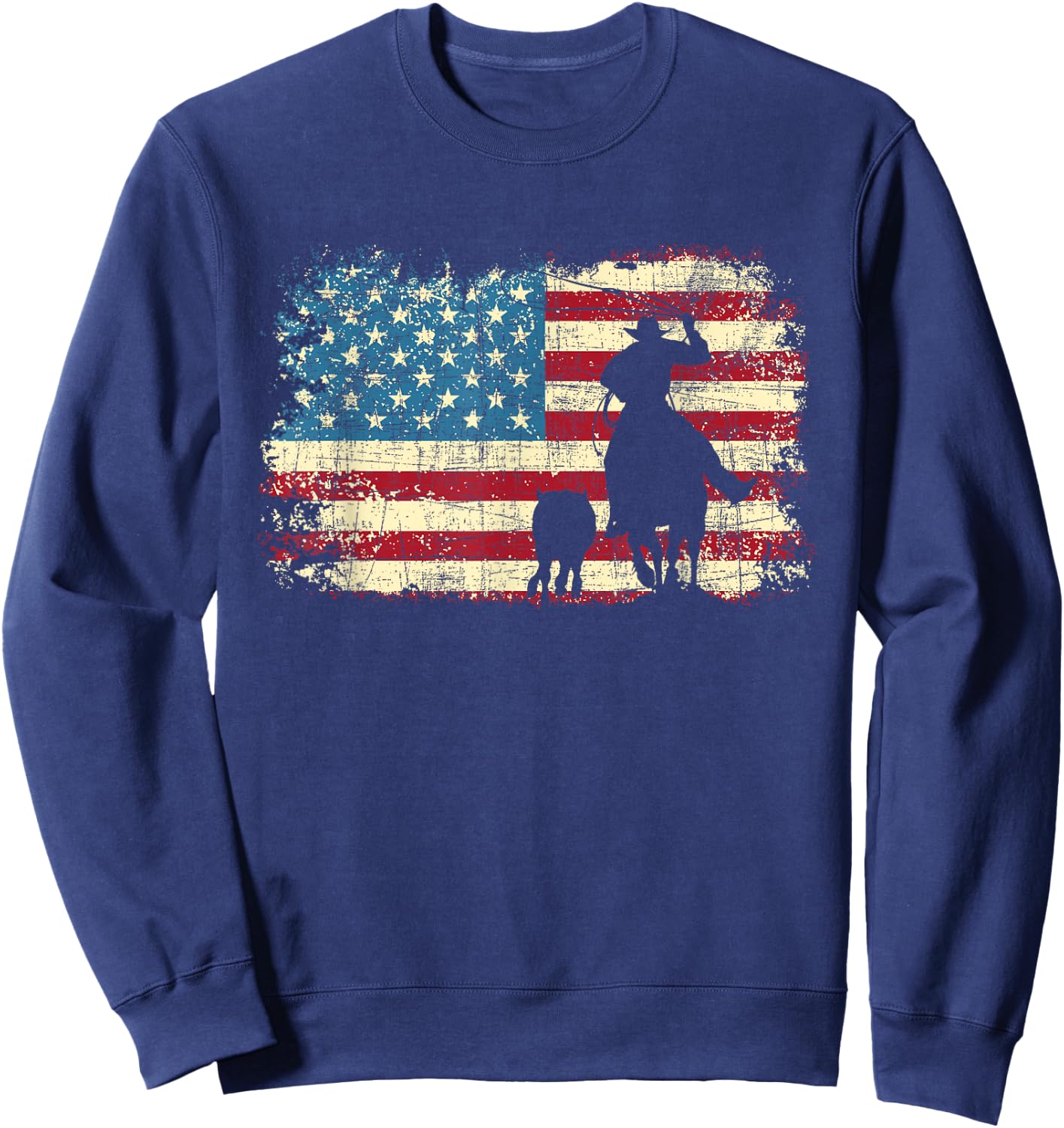 Team Roping - USA Flag Cowboy Cowgirl Rancher Heading Heeler Sweatshirt - Sweatshirt | Navy