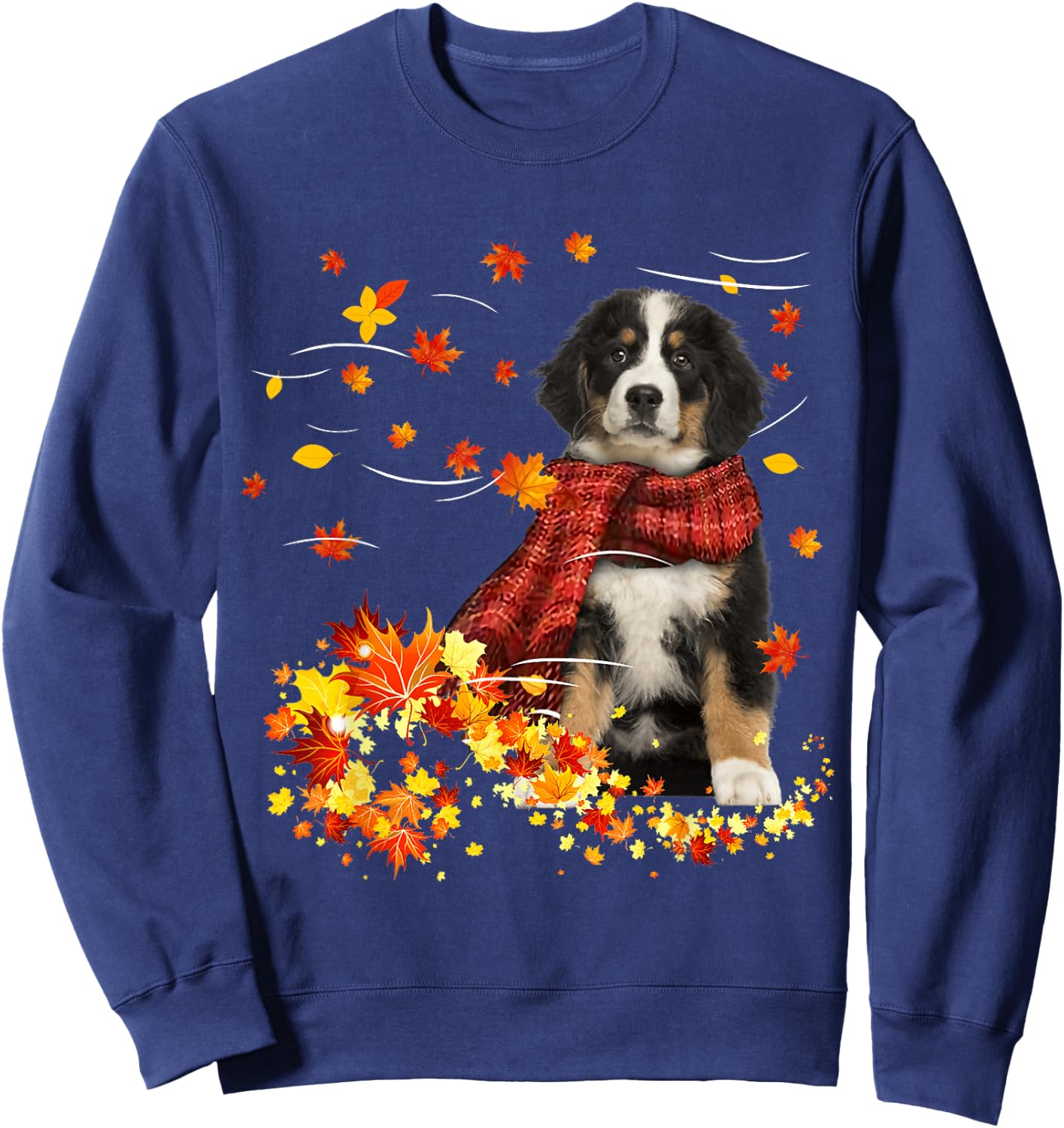 Bernese Mountain Fall Red Scarf Autumn Leaf Gift Dog Lover Sweatshirt - Sweatshirt | Navy
