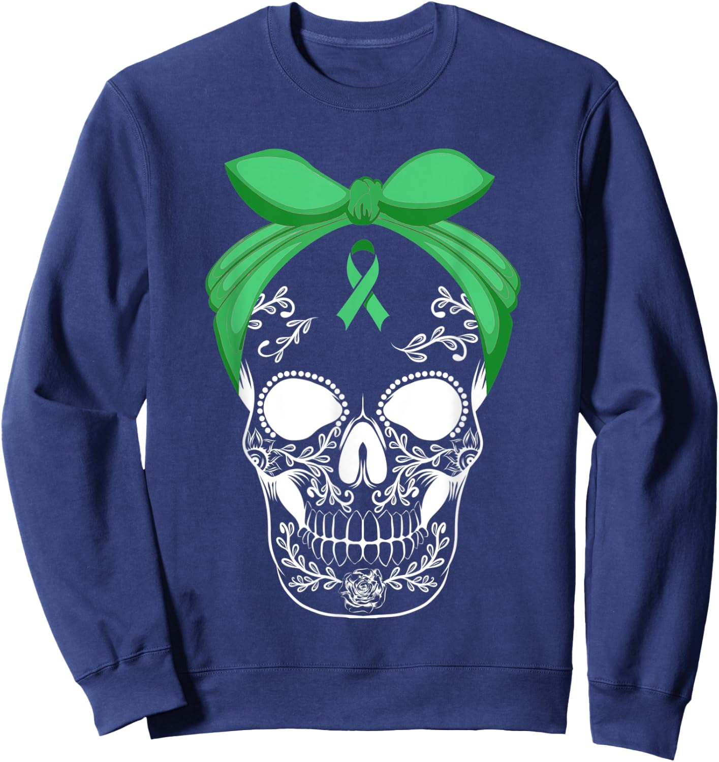 Sugar Skull Green Ribbon Apparel Skeleton Liver Cancer Fight Sweatshirt - Sweatshirt | Navy