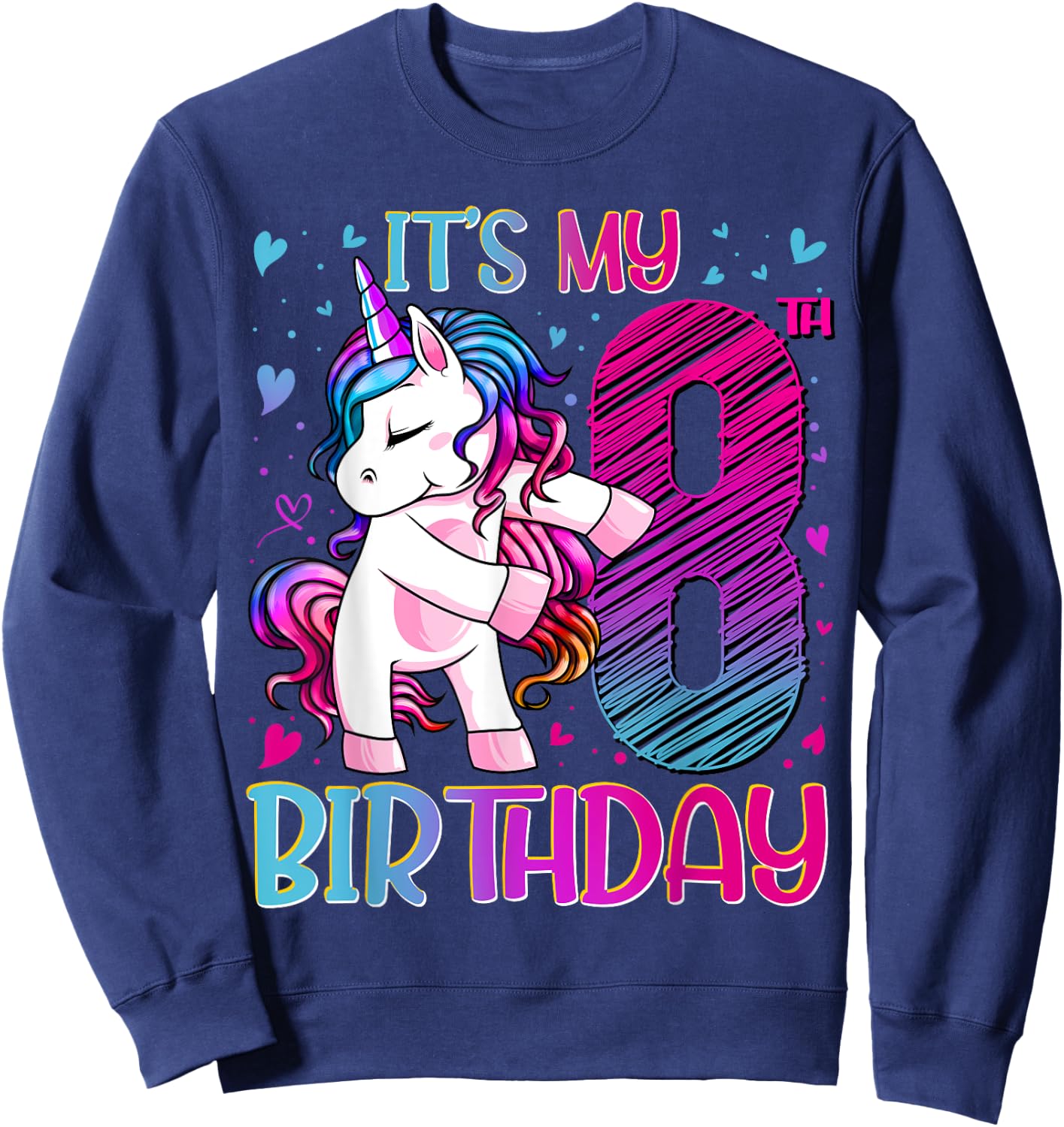 8 Year Old Gifts Unicorn Flossing 8th Birthday Girl Party Sweatshirt - Sweatshirt | Navy