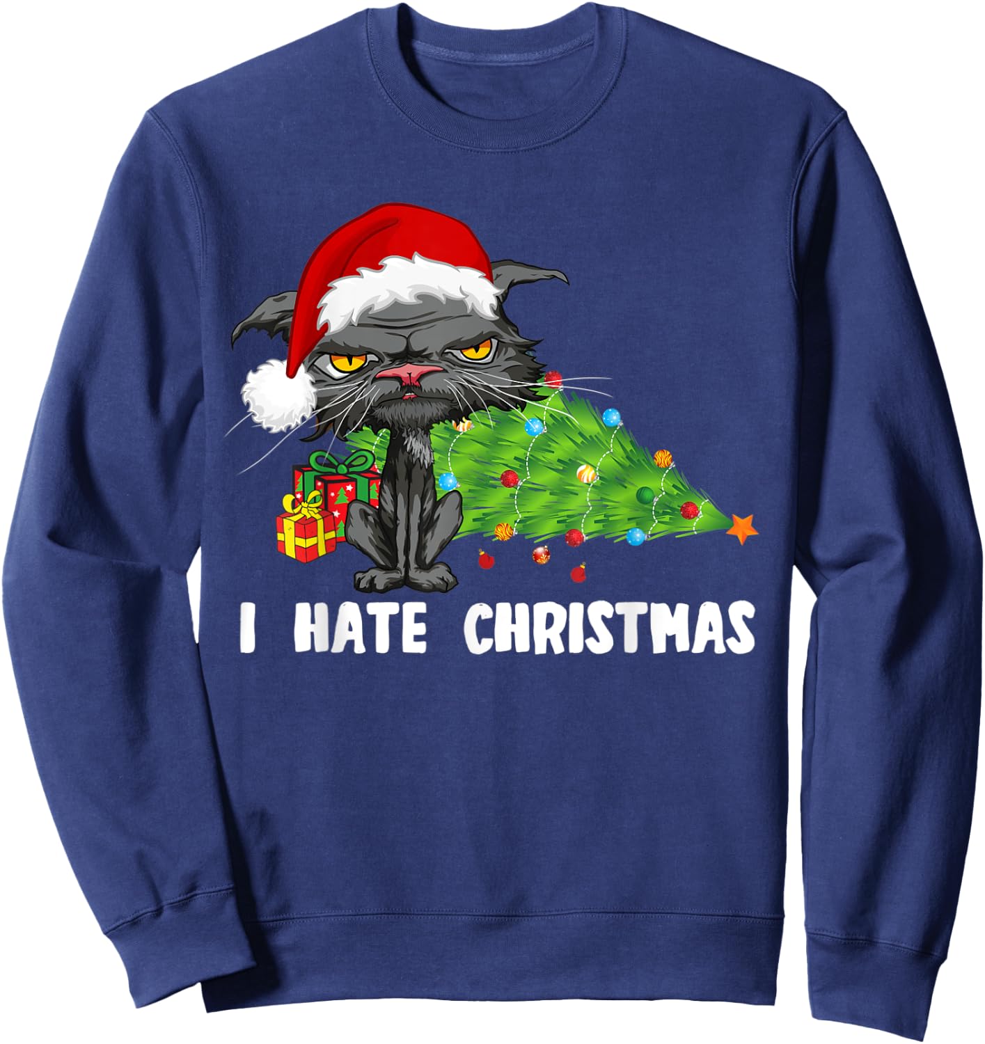 Anti Christmas I Hate Christmas Tree Bored Cat Santa Hat Women Kids Sweatshirt - Sweatshirt | Navy