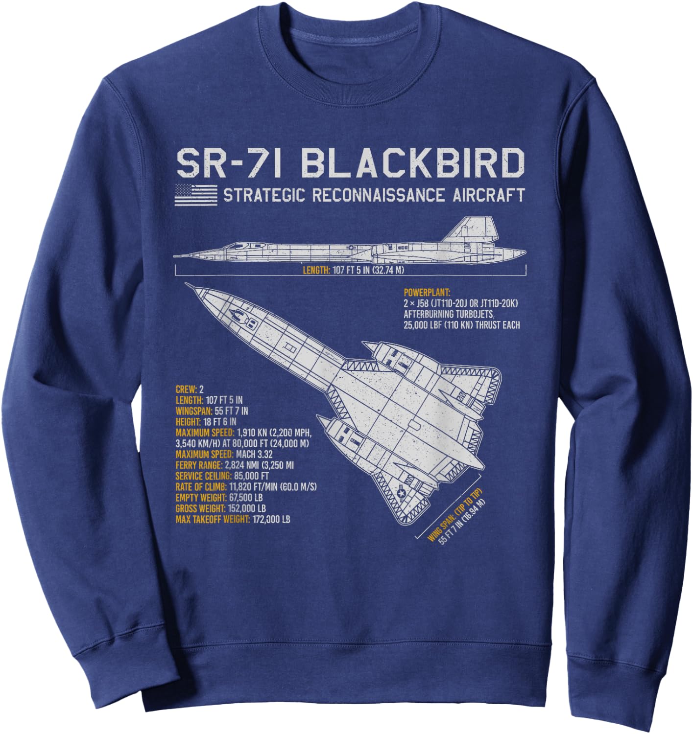 SR-71 Blackbird Aircraft Spy Plane Blueprint Data Sweatshirt - Sweatshirt | Navy