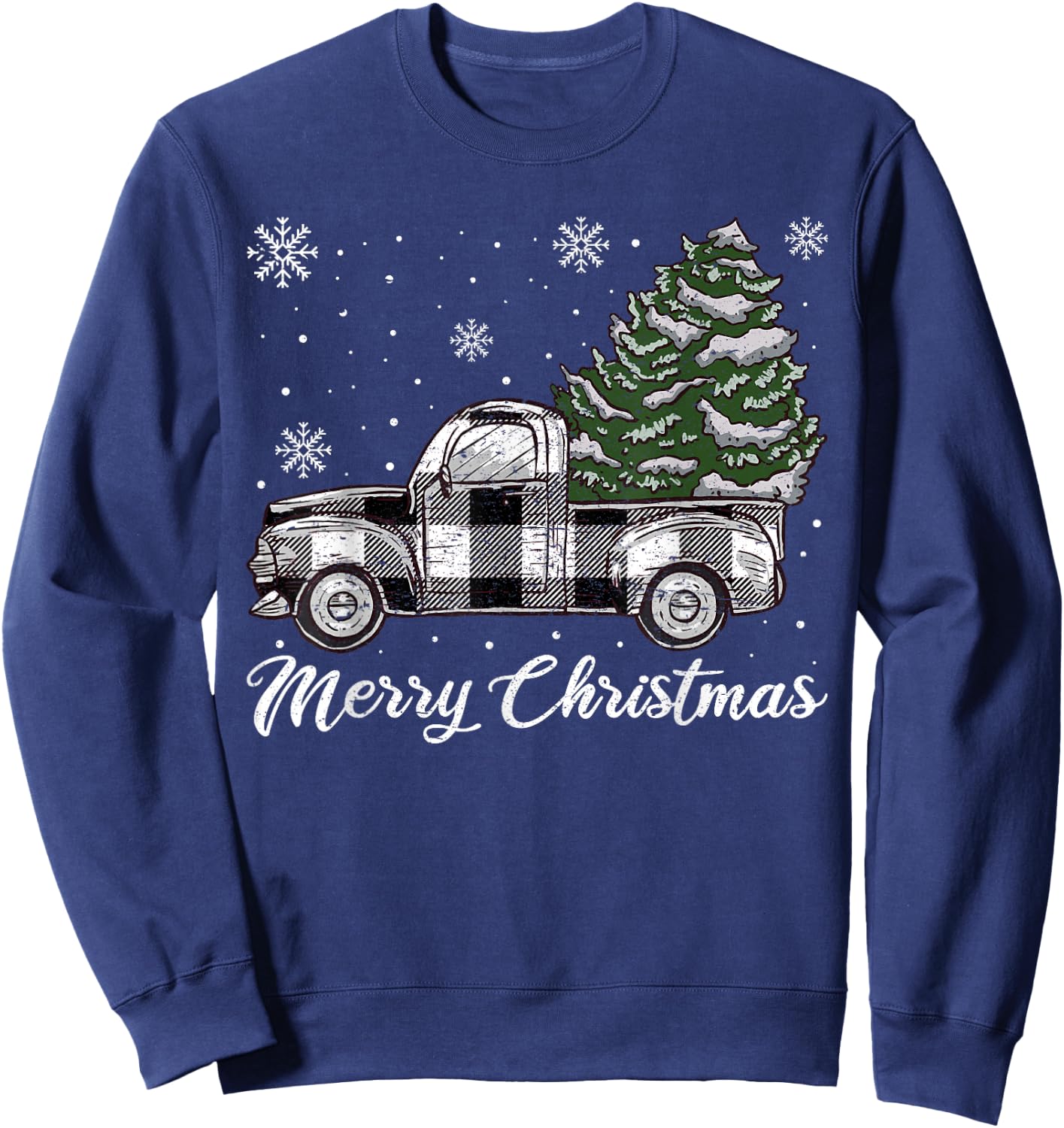 Merry Christmas Tree White Truck Pajama, Plaid Truck Tree Sweatshirt - Sweatshirt | Navy