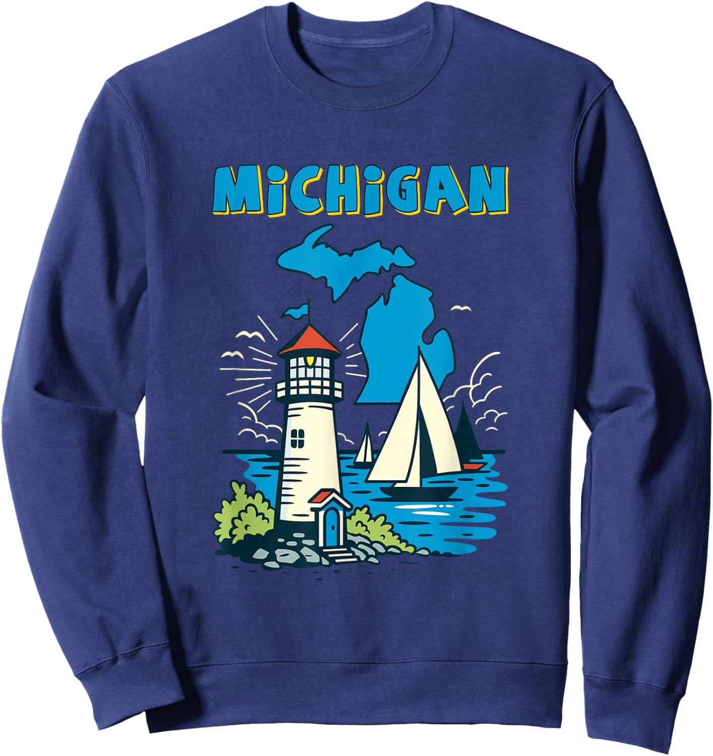 Retro Sailboat and Lighthouse in Michigan Great Lakes Sweatshirt - Sweatshirt | Navy
