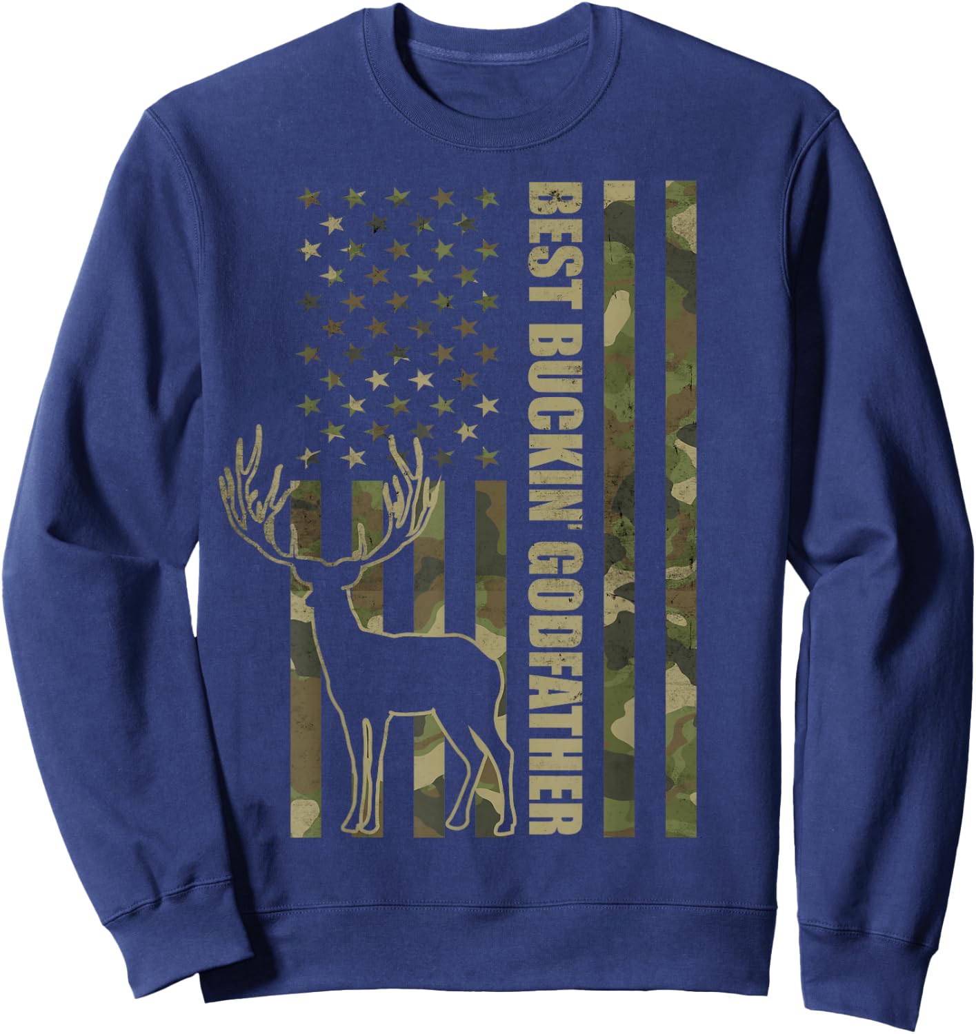 Best Buckin' Godfather Funny Deer Hunter Camo American Flag Sweatshirt - Sweatshirt | Navy