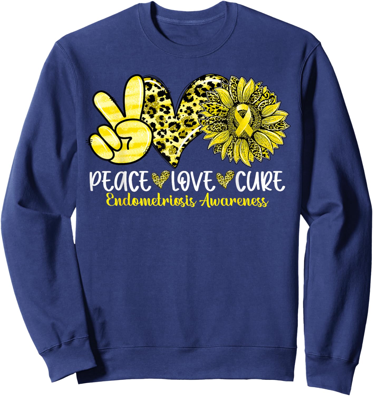 Peace Love Cure Sunflower Leopard Endometriosis Awareness Sweatshirt - Sweatshirt | Navy