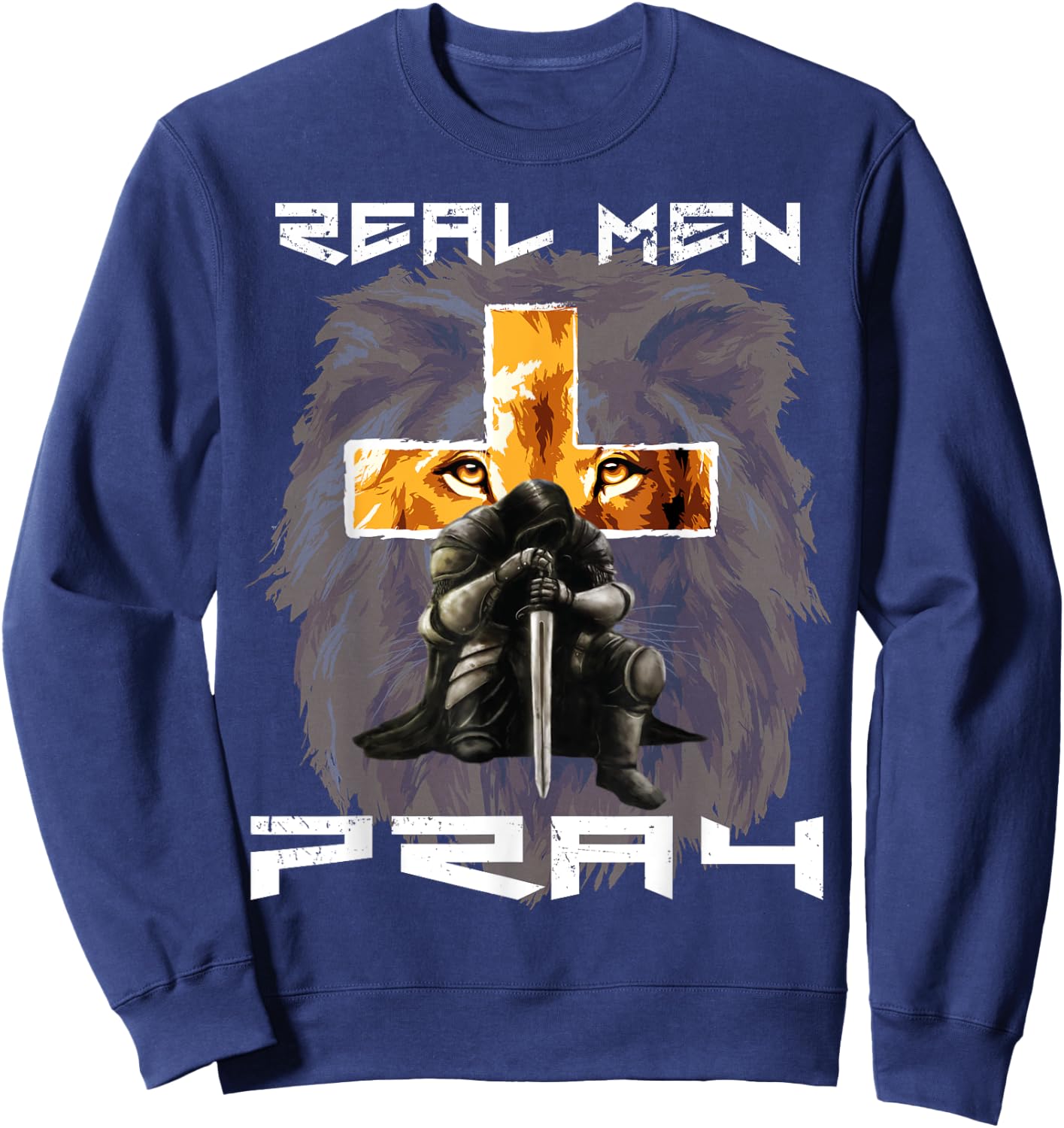 Real Men Pray Lion Judah Christian Religious Cross Graphic Sweatshirt - Sweatshirt | Navy