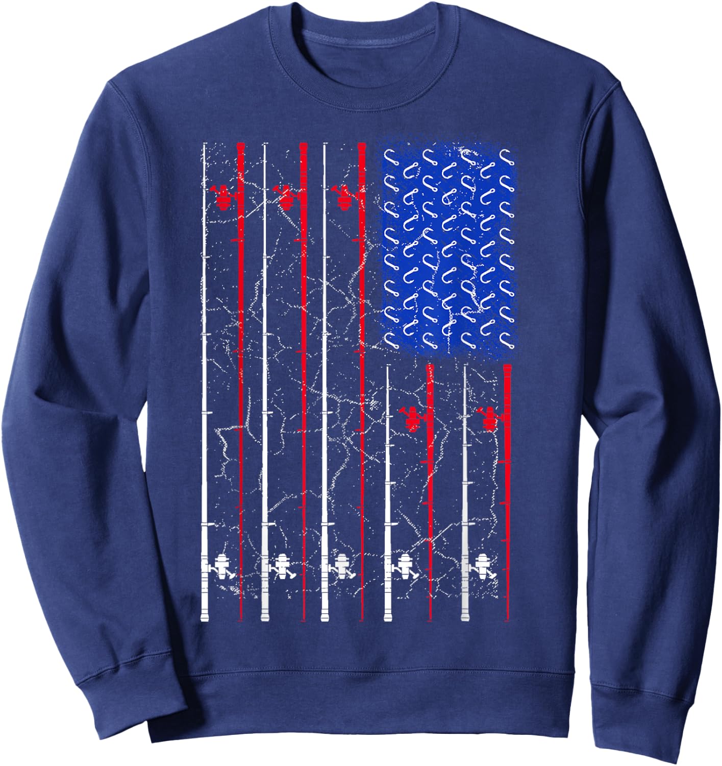 American US Flag Fishing Rod Top, Cool Fisherman Top Sweatshirt - Sweatshirt | Navy